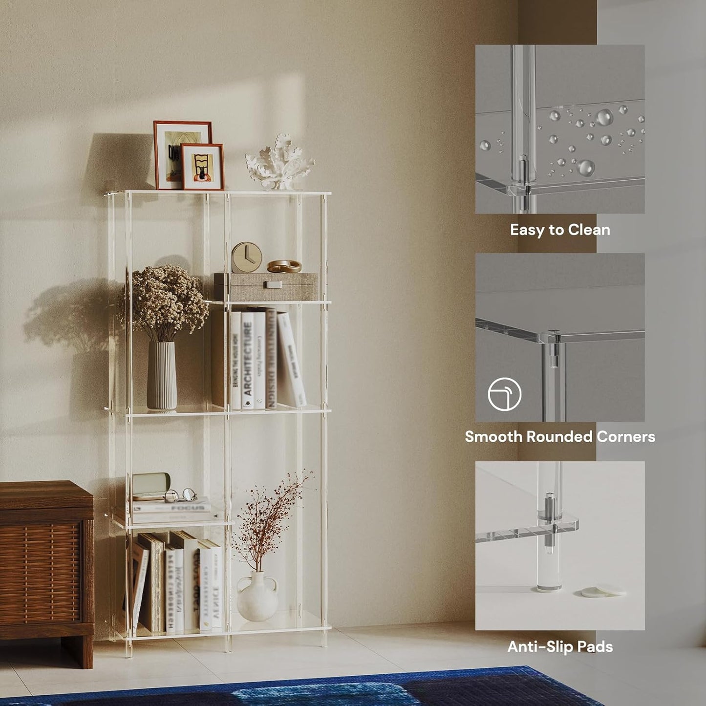 Acrylic 6-Cube Bookshelf, 11.8" D x 23.6" W x 50.8" H, 5-Tier Clear Geometric Bookcase, Modern Open Display Book Shelf for Living Room, Bedroom, Office, Easy Assembly