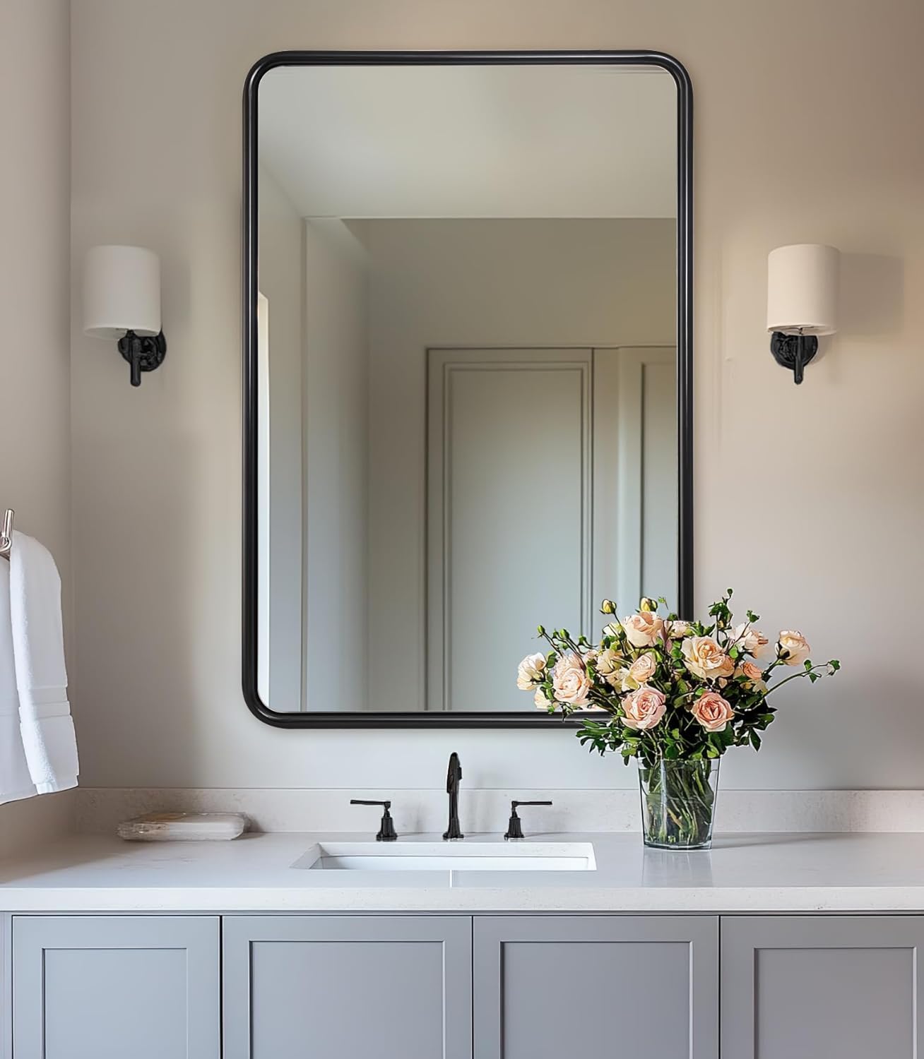 ANDY STAR Bathroom Mirror, 24x36 Inch Stainless Steel Metal Frame Black Rectangle Bathroom Mirror for Over Sink, Modern Rounded Corner Black Vanity Mirrors for Wall, Hangs Horizontally or Vertically