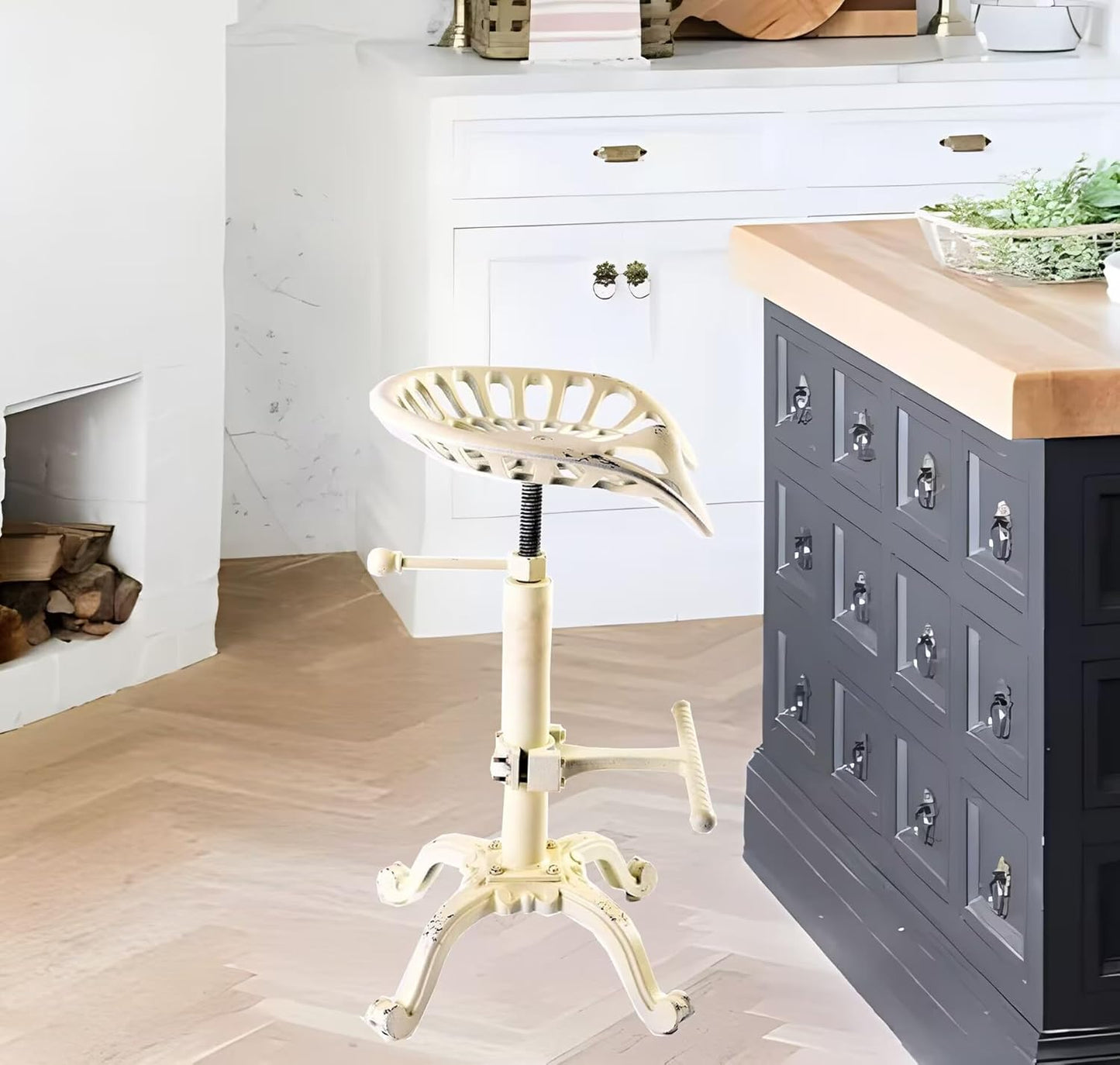 Diwhy Rustic Industrial Farmhouse Tractor Seat Adjustable Height 21.65-27.56in Bar Stool Industrial Bar Chair (Aged White, Cast Iron)