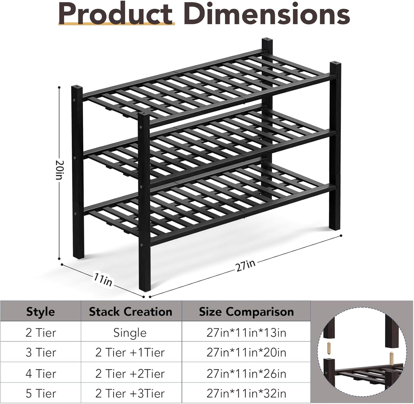 Haddockway 3 Tier Bamboo Shoe Rack Storage Organizer, Multifunctional Free Standing Stackable Shoe Shelf with Grid Panel for Closet,Hallway,Entryway,Small Space 27"x11"x20" (Brown, 3 Tier)