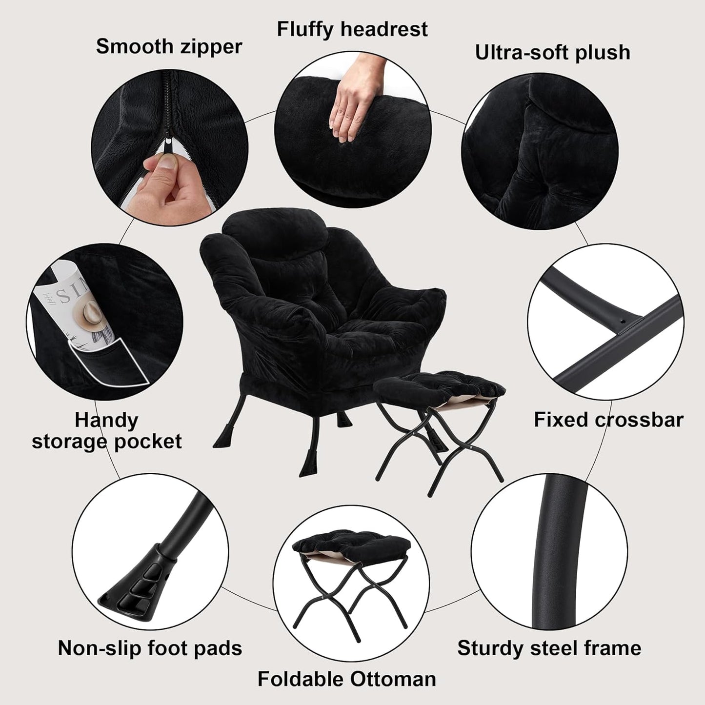 Fabric Lazy Chair with Ottoman, Oversized Upholstered Sofa Chair for Adults, Plush Comfy Lounge Chair with Large Side Storage Pocket, Reading Chair for Living Room, Bedroom, Study Room, Black