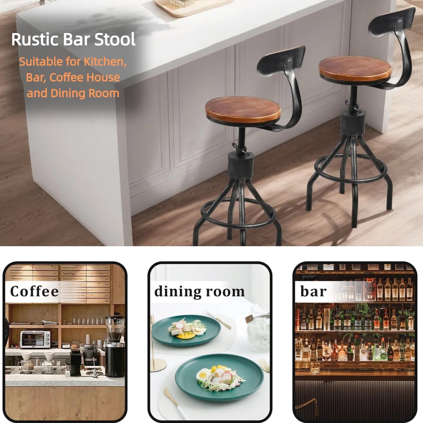 Set of 2 Vintage Bar Stool- Industrial Swivel Kitchen Dining Chair-Counter Height 23-33"-with Backrest