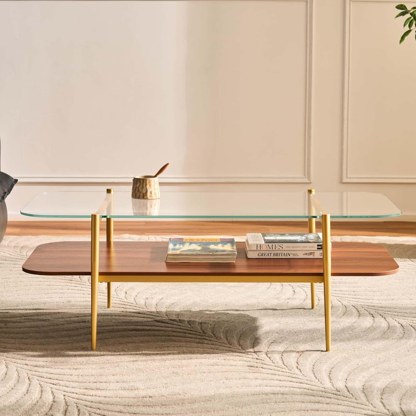 AGV LIGHTING Tadio Large Glass Coffee Table, Mid-Century Modern Coffee Table for Living Room, Gold Finish Leg, Clear Glass Top & Walnut Brown Shelf, 47 in Rrounded Corners