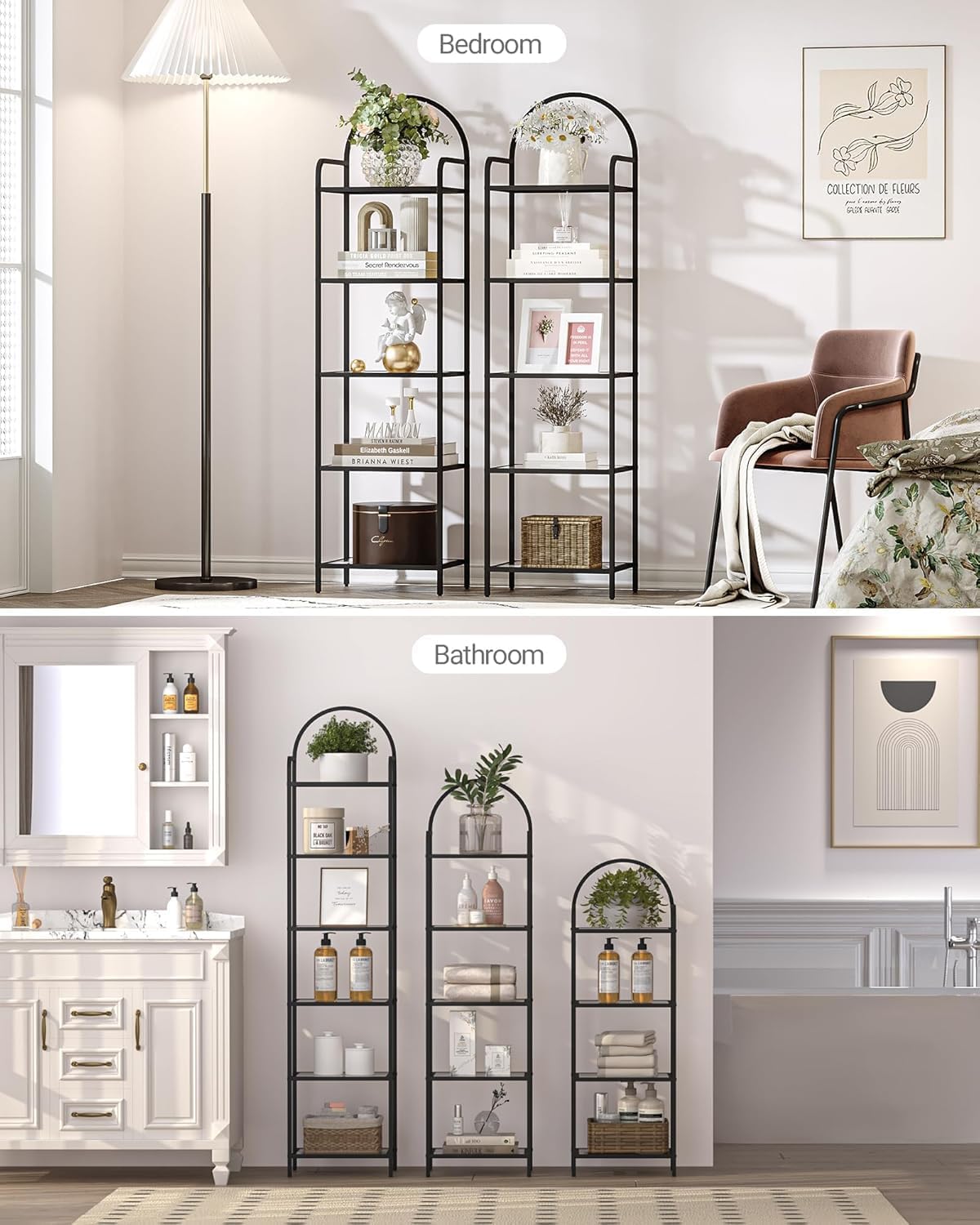 Bookcase Bookshelf, Tempered Glass Bookshelves, Slim Shelving Unit for Bedroom, Bathroom, Home Office, Steel Frame, 5 Tier Black BC05001B