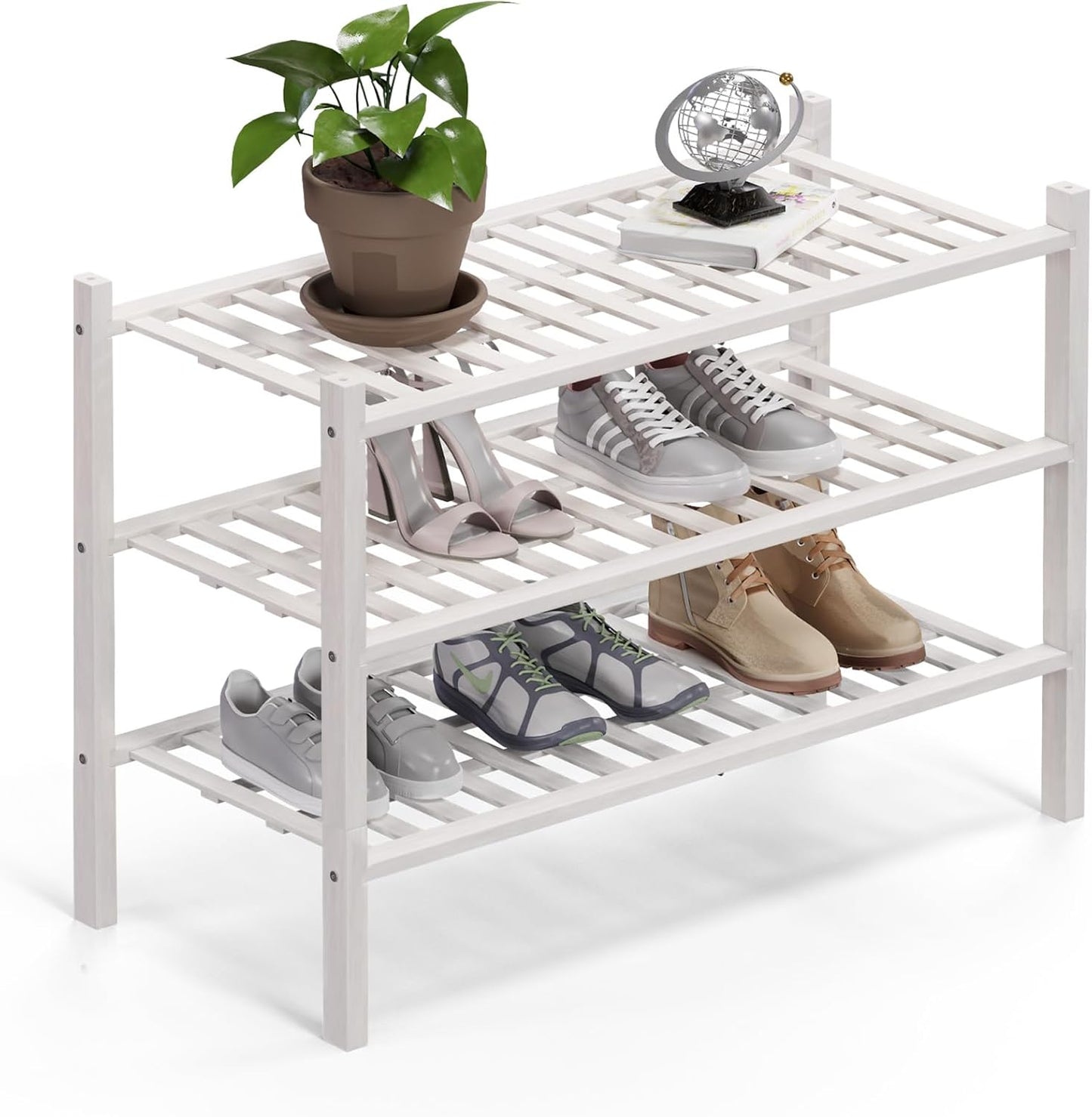 Haddockway 3 Tier Bamboo Shoe Rack Storage Organizer, Multifunctional Free Standing Stackable Shoe Shelf with Grid Panel for Closet,Hallway,Entryway,Small Space 27"x11"x20" (White, 3 Tier)