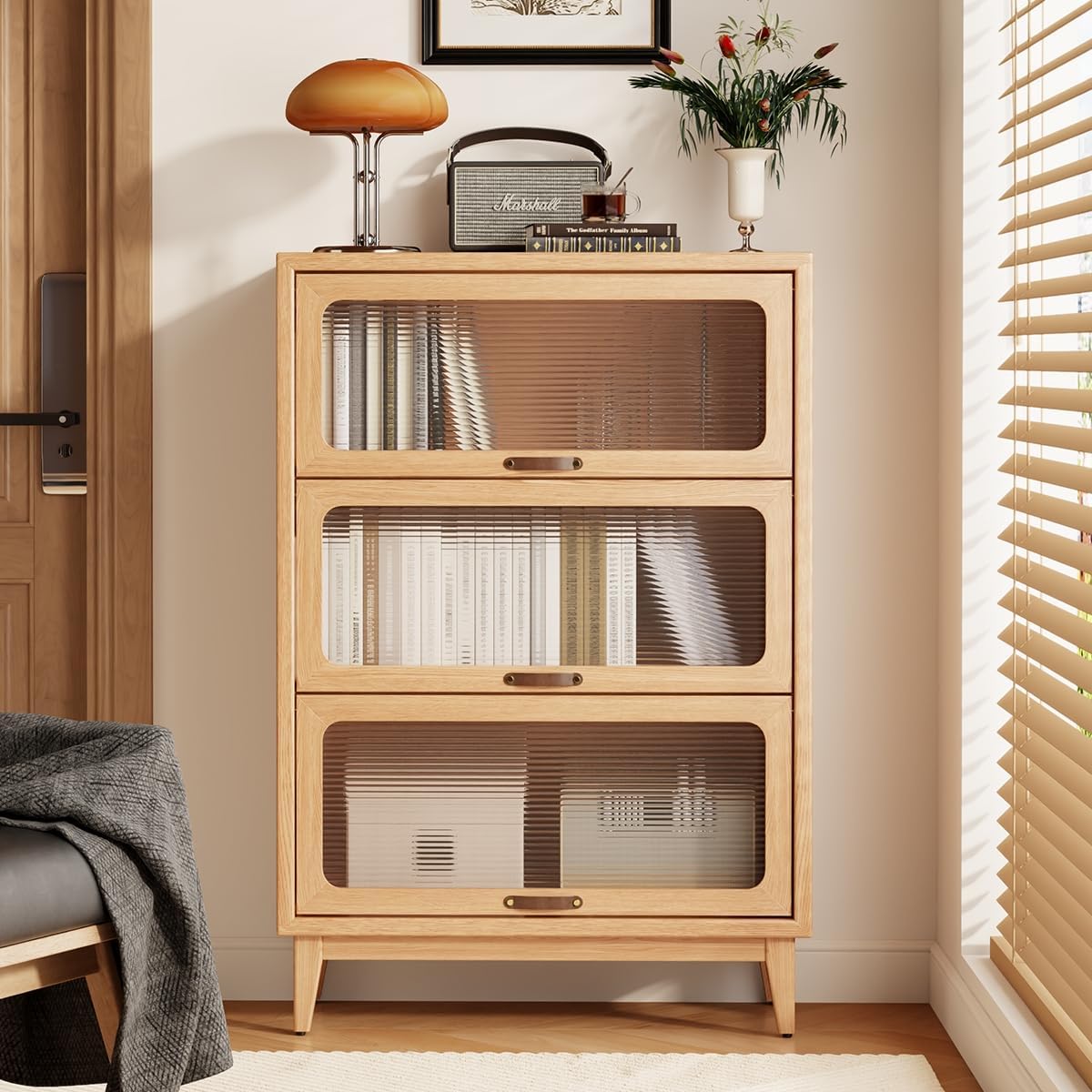 Solid Wood Bookcase with Glass Doors, 3 Shelf Bookshelves and Bookcases, Mid Century Modern Bookshelf with Glass Doors, Kitchen Pantry Cabinet (Natural, 31.5" W)