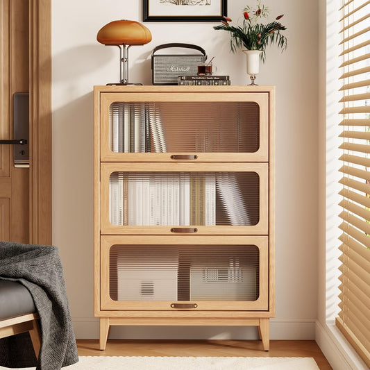 Solid Wood Bookcase with Glass Doors, 3 Shelf Bookshelves and Bookcases, Mid Century Modern Bookshelf with Glass Doors, Kitchen Pantry Cabinet (Natural, 31.5" W)