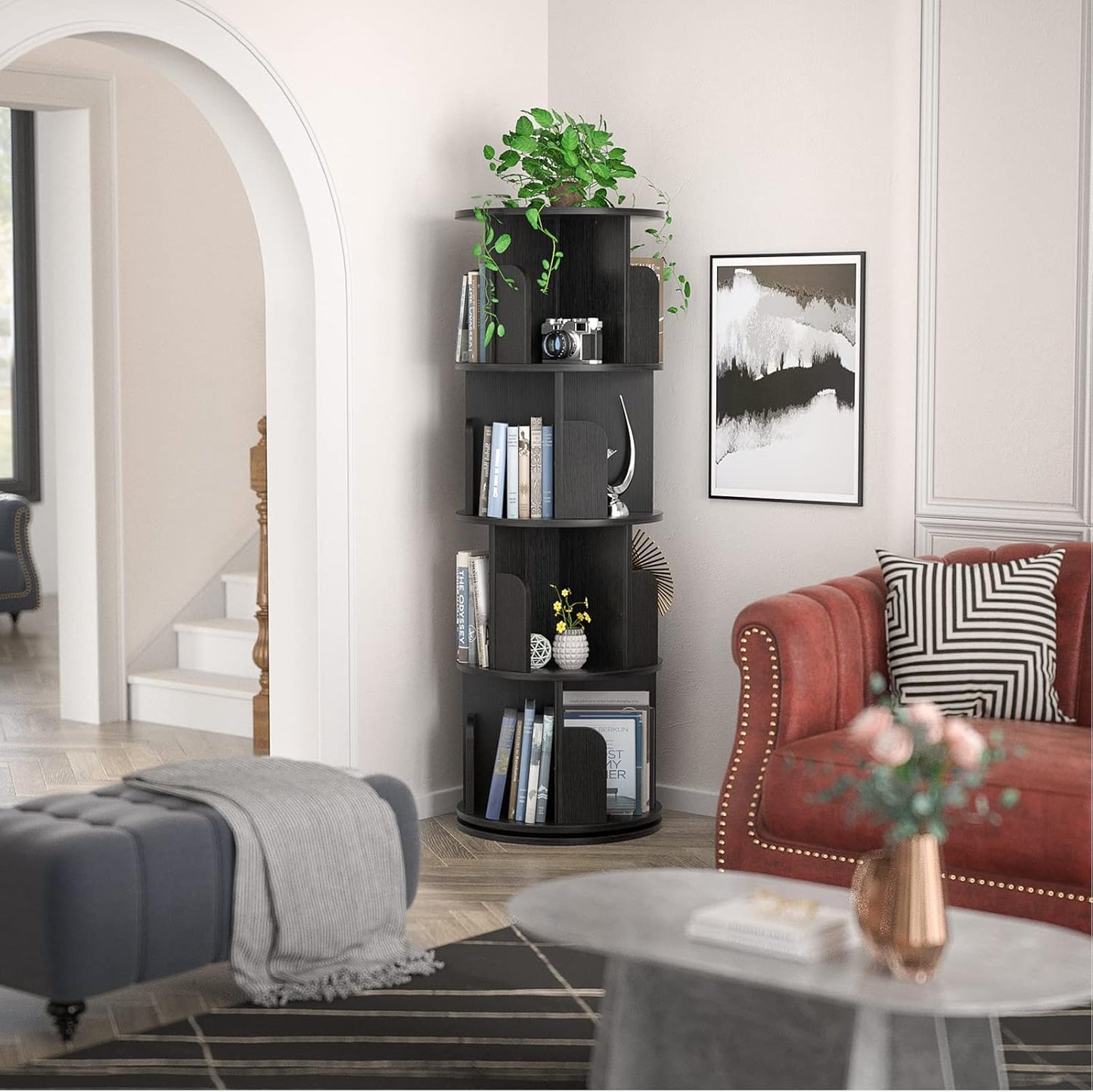 Aheaplus Rotating Bookshelf, 360 Revolving Bookshelf Tower for Small Space, 4 Tier Floor Standing Bookcase Storage Rack, Wood Narrow Book Shelf Organizer for Bedroom, Living Room, Study Room, Black