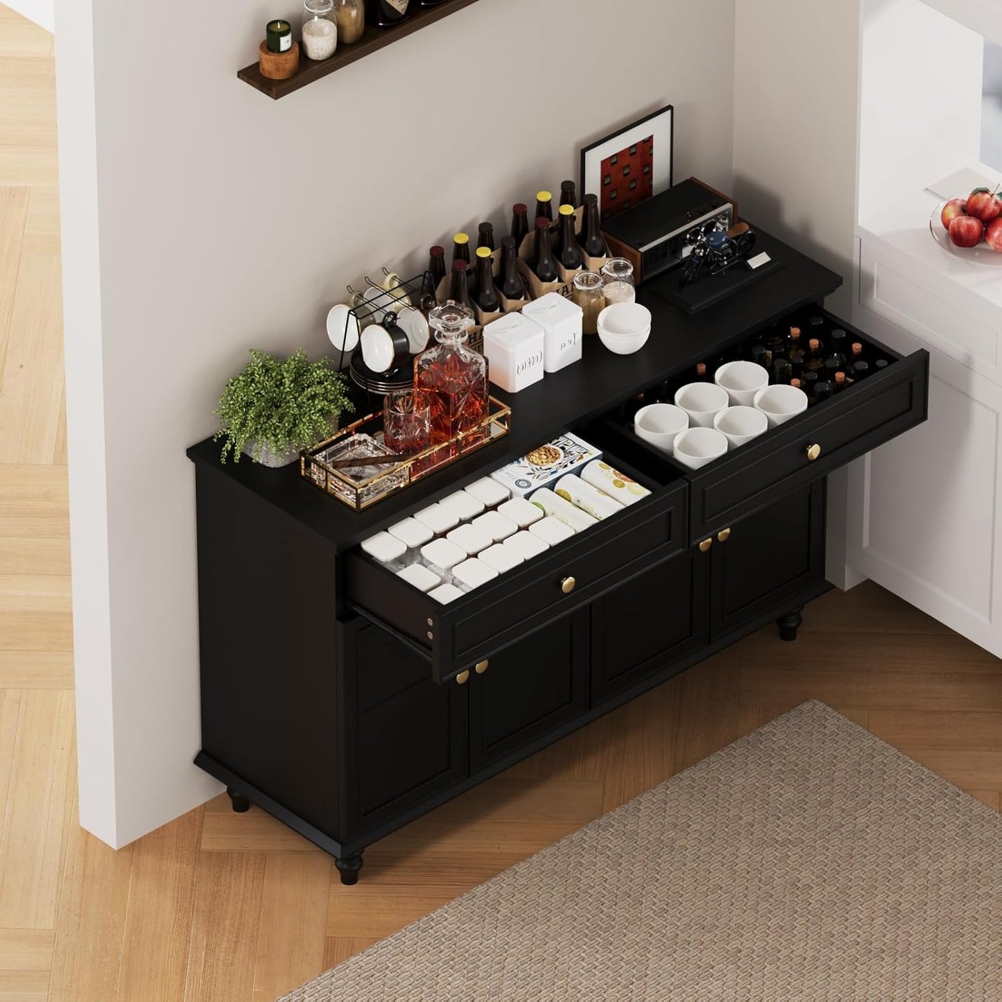 47.6" Buffet Sideboard with 2 Drawers and 4 Doors, Wooden Kitchen Storage Cabinet with Adjustable Shelves, Rustic Top Console Table for Dining Room, Kitchen, or Entryway,Black