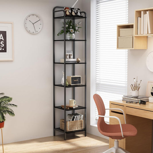 Book Shelf, 6 Tier Bookshelf, Bookcase with 6 Shelves, Storage Rack Organizer, Corner Wood Storage Shelf with Metal Frame for Bedroom, Living Room, Black