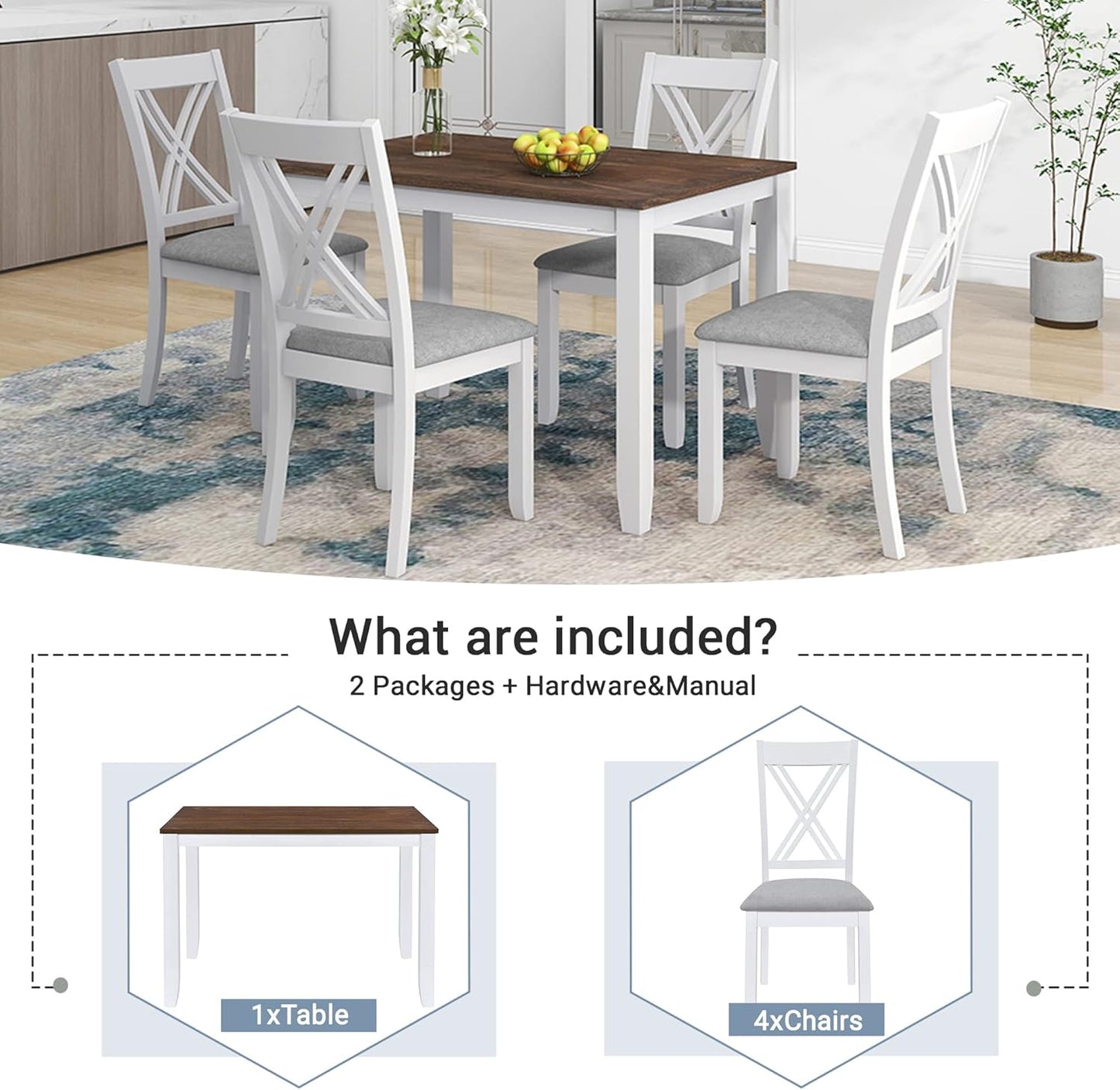 Ball & Cast 5-Piece Dining Table Set for 4,Kitchen Table Set W/ 44.5" Rectangle Table,Living Room Furniture W/ 4 X-Back Linen Upholstered Chairs,for Dining Room,Kitchen,Restaurant,Walnut+Light Beige