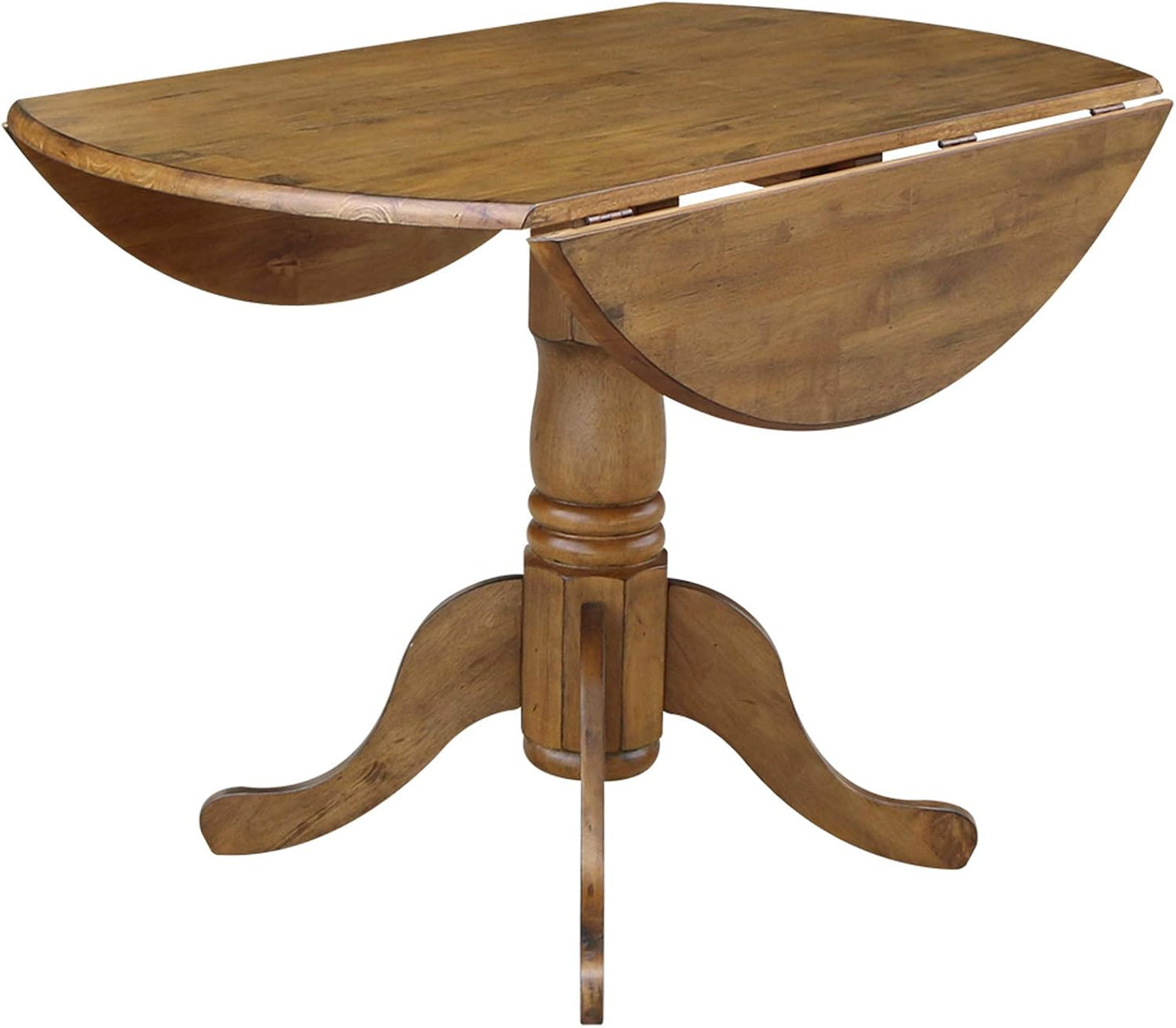 42" Round Dual Drop Leaf Pedestal Dining Table Solid Wood, Easy Assembly, Sturdy Parawood, Kitchen/Dining Room, 29.5"H x 42"W x 42"D, 20mm Thickness Top, Includes Two 9" Drop Leaves