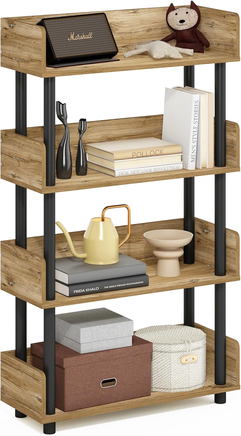 Furinno Turn-N-Tube 4-Tier Multipurposes Display Rack, Open Shelf Rack/Storage with Back & Side Panel, Flagstaff Oak/Black