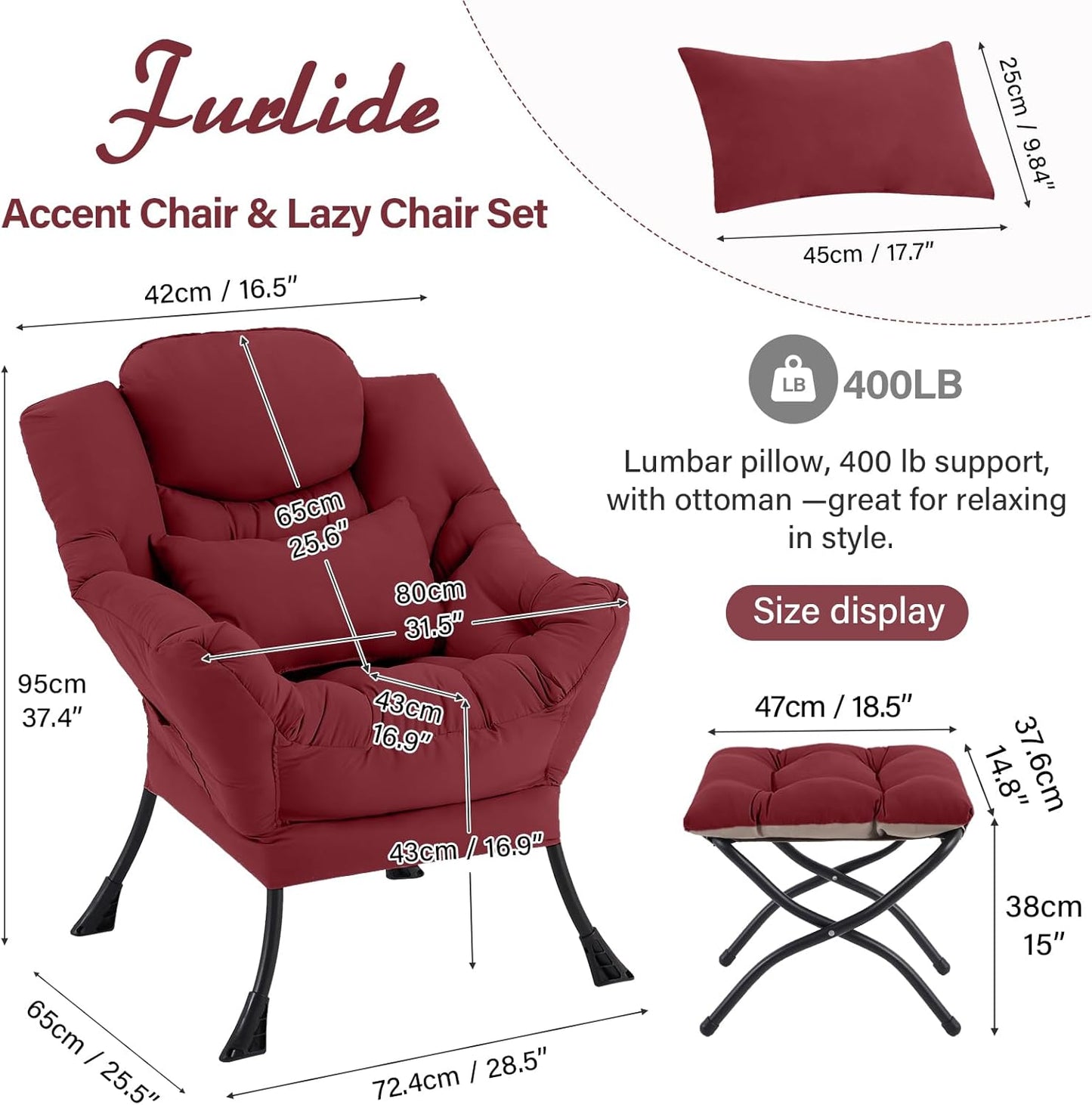 Lazy Chair with Ottoman, Comfy Fabric Accent Lounge Armchair with Lumbar Pillow and Folding Footrest, Reading Leisure Sofa Chair for Bedroom, Living Room, Dorm,Burgundy