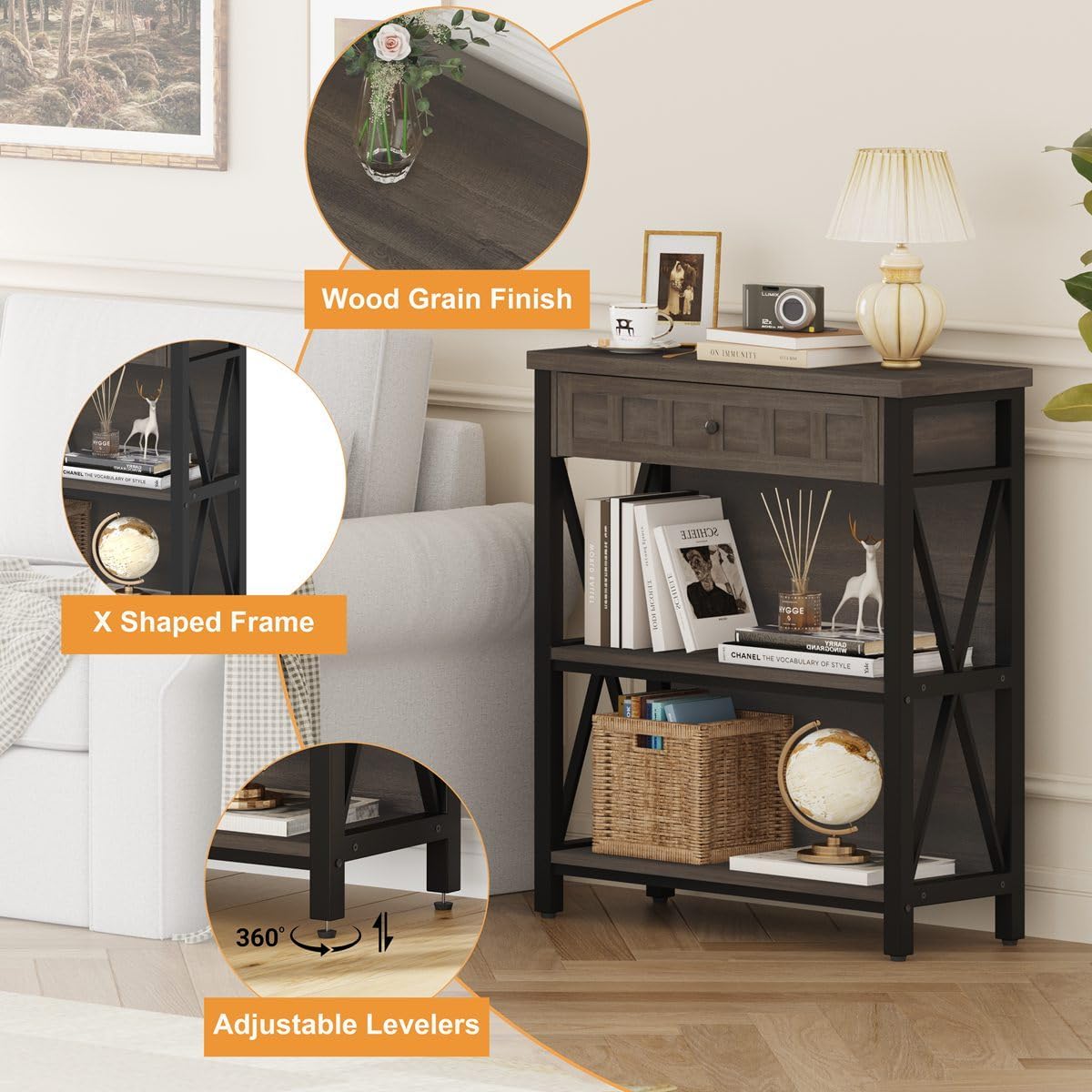 FATORRI Rustic Small Bookshelf, Industrial Wood Book Shelf with Drawer, 3 Shelf Bookcase for Small Space, Low Book case for Living Room, Home Office (Walnut Brown)