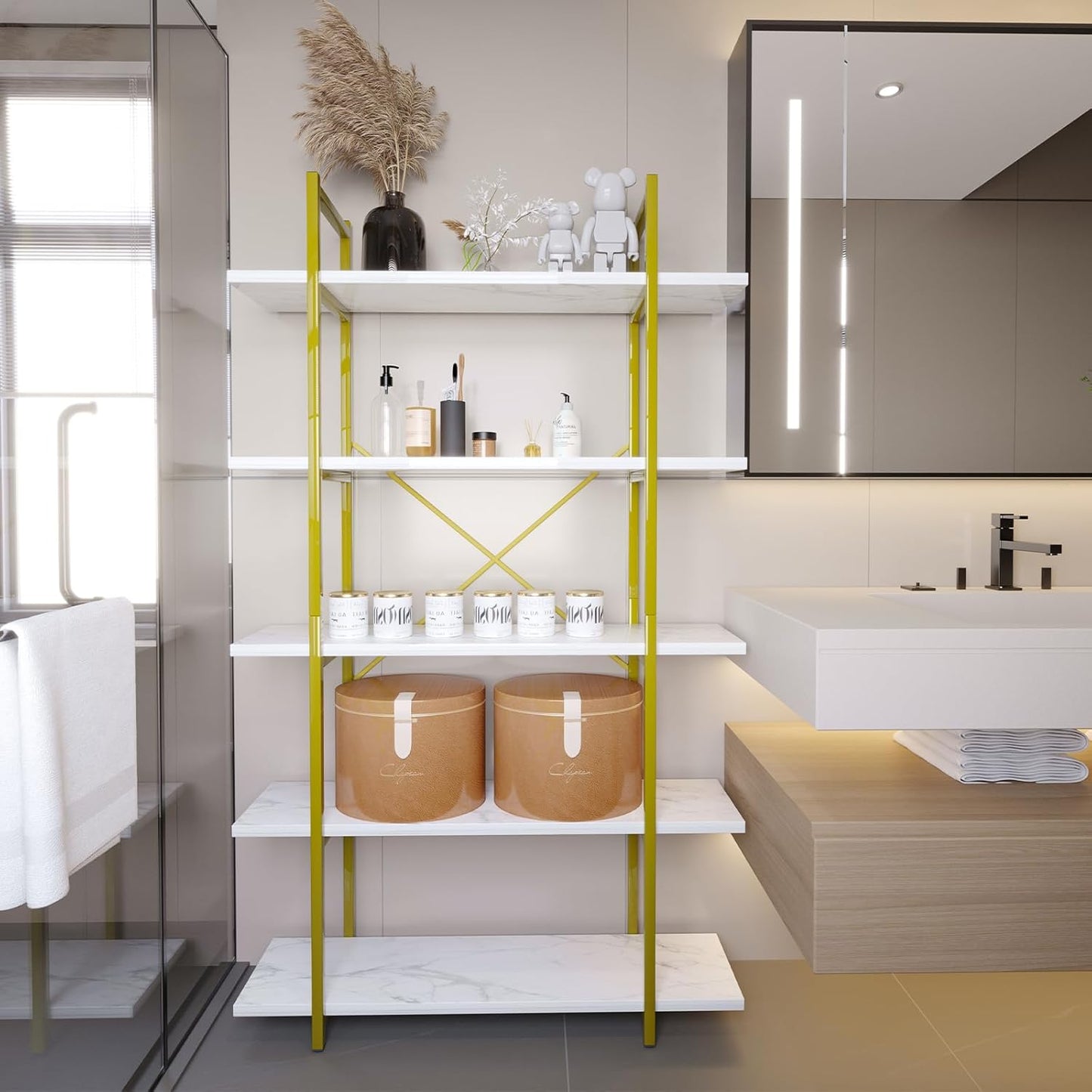 5 Tiers Bookshelf Organizer White Faux Marble Shelf,Modern Open Display Storage Bookcase, and Metal Bookshelf Standing Storage Shelf Tall Shelving Units for Home Office Study