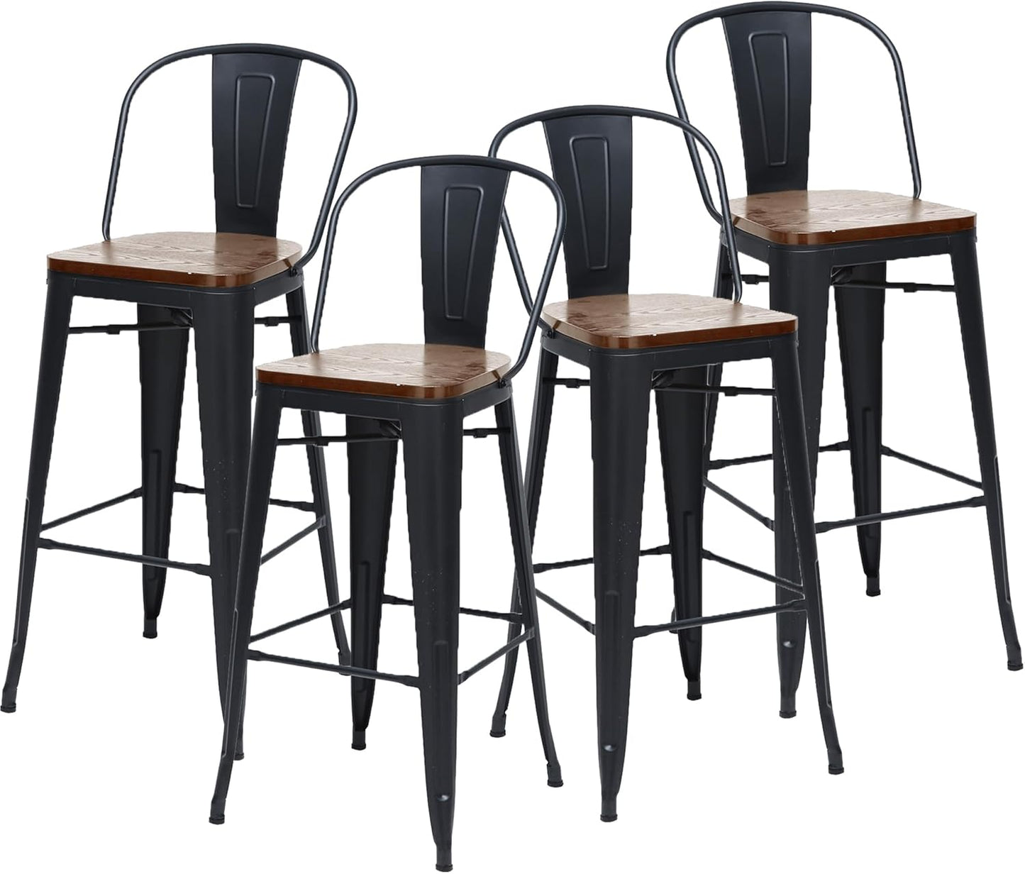 Changjie Furniture 24 Inches Metal Barstools Set of 4 Counter Height Bar Stools Industrial Stools with Backs High Back Chairs for Kitchen Island (24 Inch, Black)