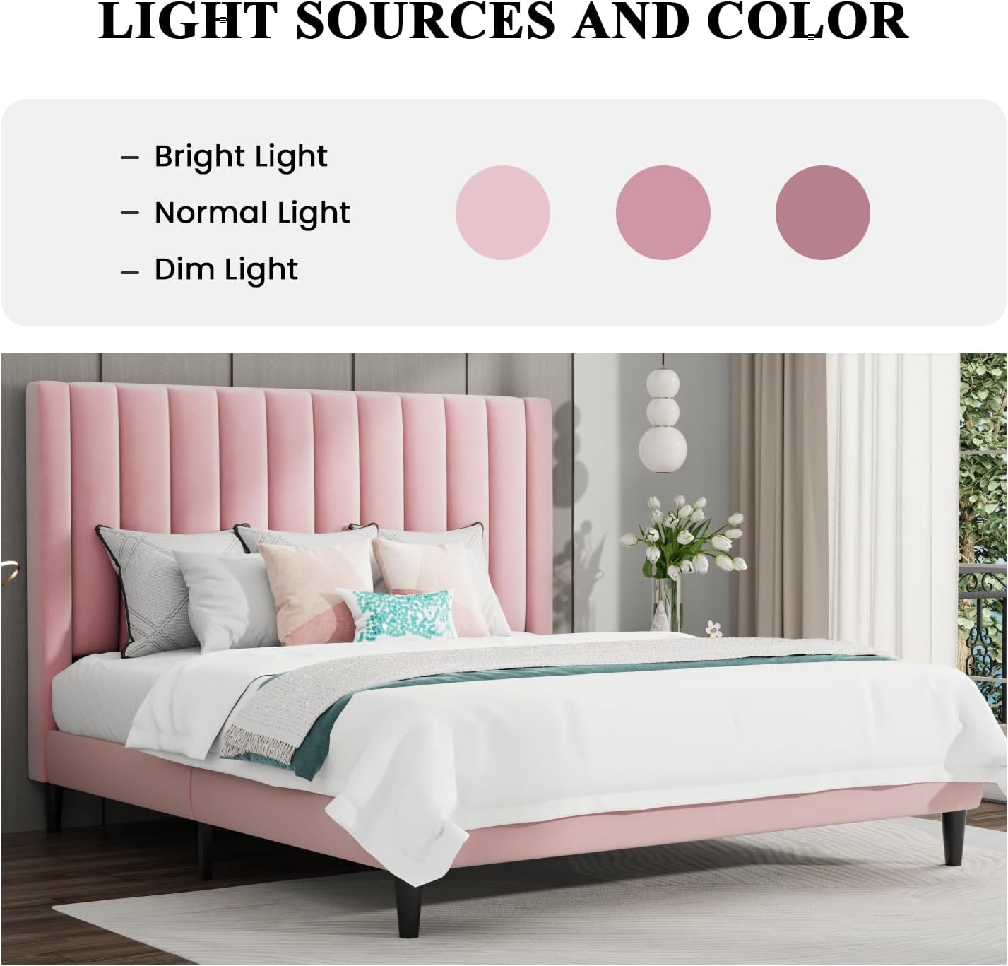 SHA CERLIN King Bed Frame/Velvet Upholstered Platform Bed Frame with Headboard/Strong Wood Slats Support/Mattress Foundation/No Box Spring Needed - Pink