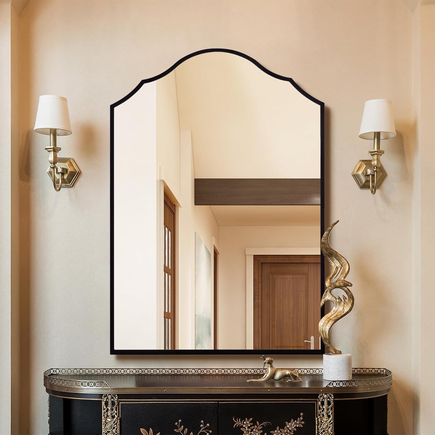 Arched Mirror Wall Decor, 36"x24" Large Vanity Mirror for Wall with Antique Black Metal Frame, Scalloped Entryway Mirror, for Bathroom, Living Room, Bedroom