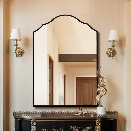 Arched Mirror Wall Decor, 36"x24" Large Vanity Mirror for Wall with Antique Black Metal Frame, Scalloped Entryway Mirror, for Bathroom, Living Room, Bedroom