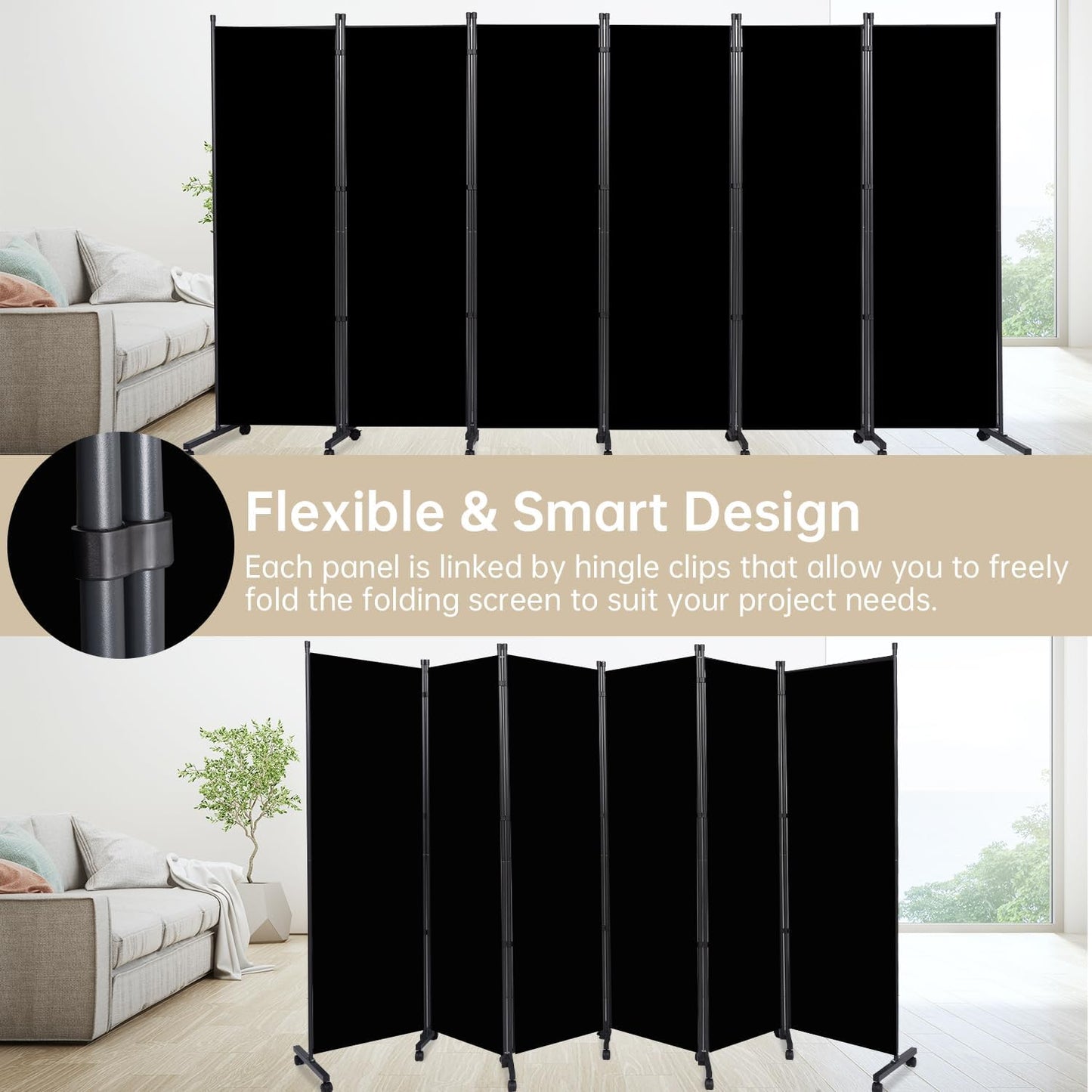 Room Divider 6 Panel Room Dividers/Wheels, Fabric Room Divider Panel for Office Room Partitions and Dividers, Portable Partition Wall Divider for Room Separation, Privacy Screen