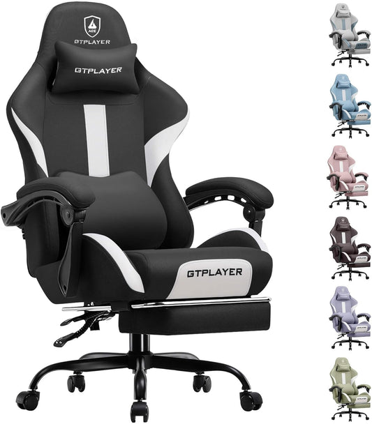 GTRACING Gaming Chair with Foot Rest & Pocket Spring Cushion, Breathable Fabric for Home Office Desk, Ergonomic High Back Computer Chair with Headrest & Lumbar Support, Black