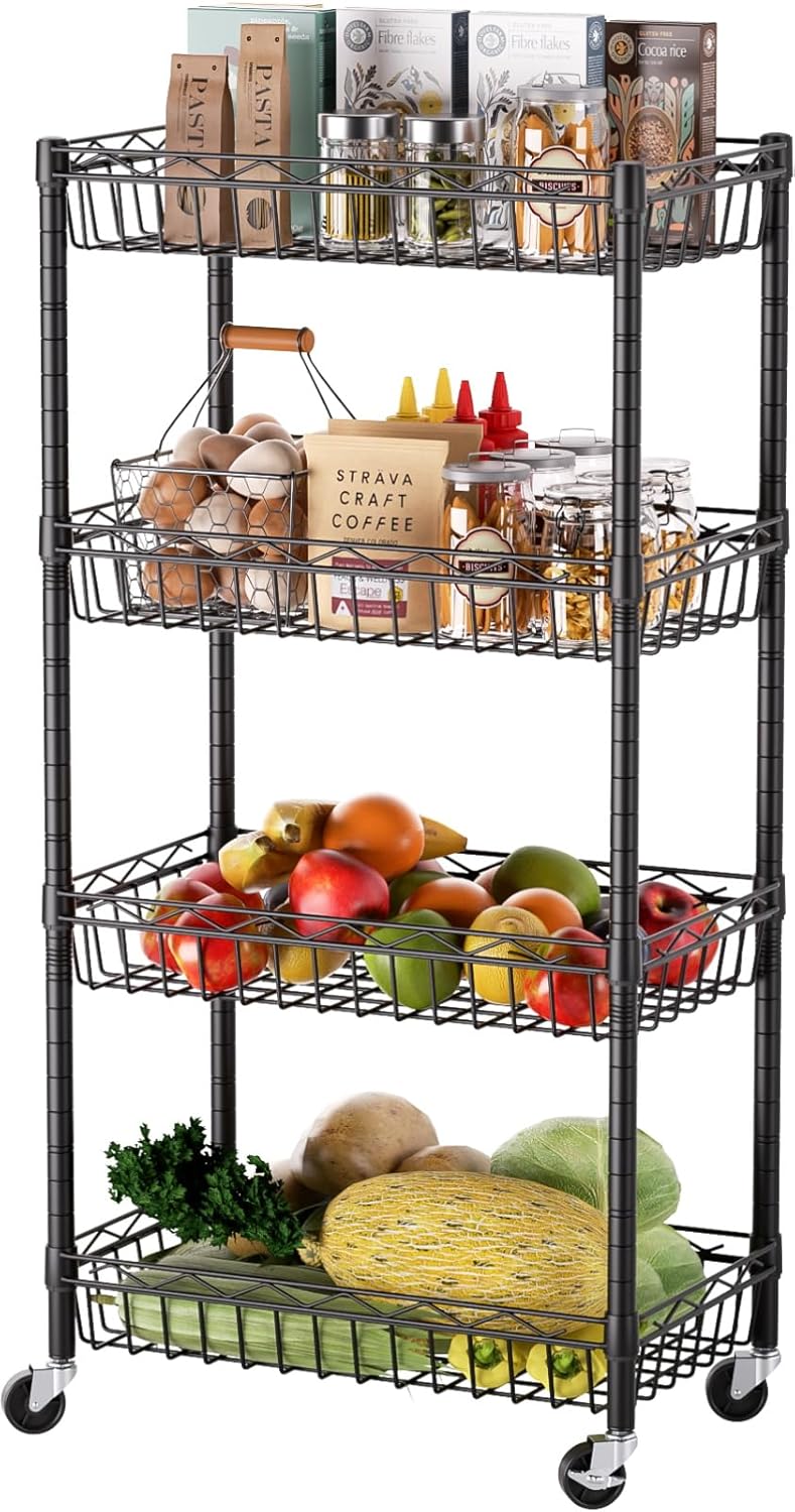 SINGAYE 4 Tier Basket Shelf Wire Shelving Unit Adjustable Storage Shelves Big Basket Rack for Garage Kitchen Office Pantry Corner 17" Dx12 Wx50 H Black