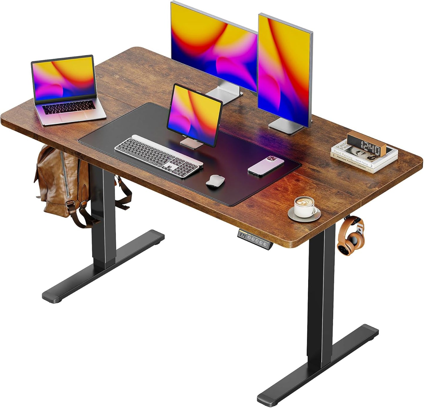 Huuger 48 x 28 Large Electric Standing Desk, Height Adjustable Desk, 27.6" Deep Desktop, Stand up Gaming, 2 Hooks, 3 Preset Heights, for Home Office, Rustic Brown