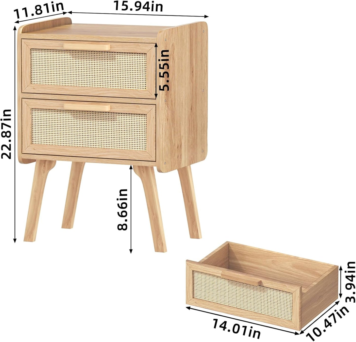 Lerliuo Rattan Nightstands Set of 2, Boho Night Stand with 2 Drawers, Cane Accent Side End Table, Bedside Table with Solid Wood Legs for Bedroom, Dorm and Small Spaces (Natural)