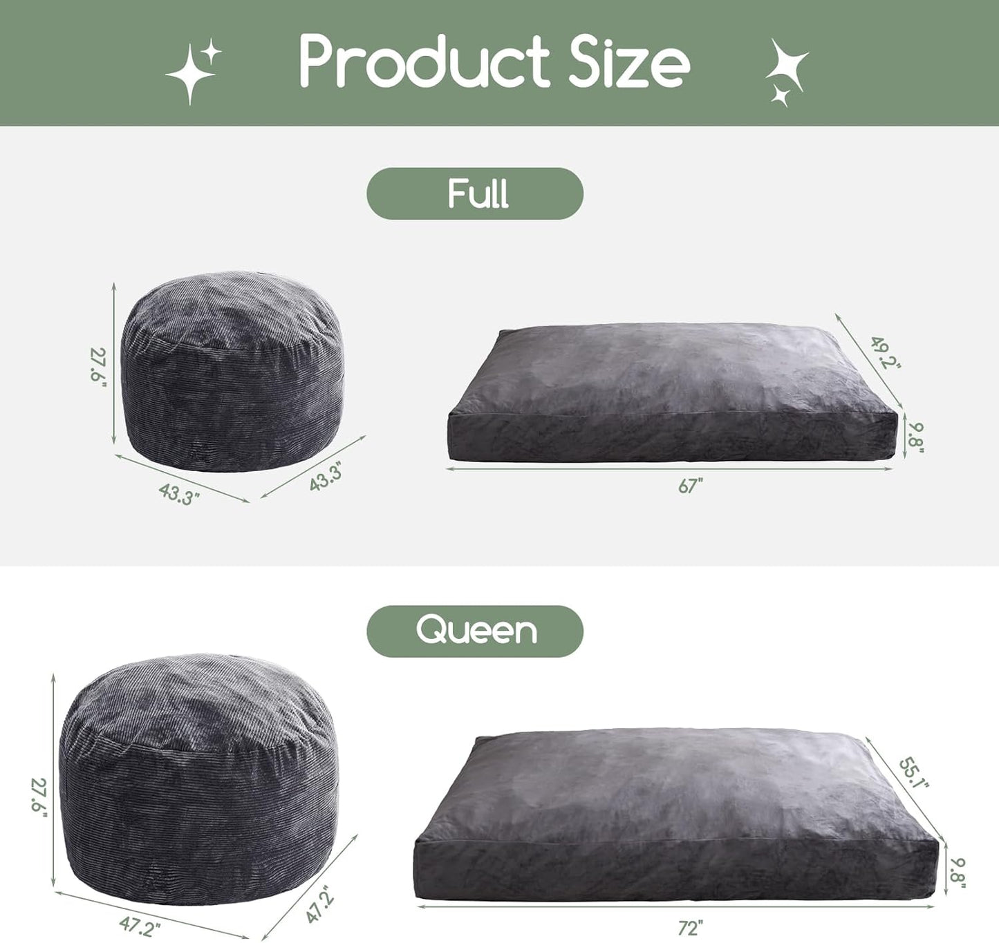 HIGOGOGO Giant Bean Bag Chair Bed for Adults,Convertible Beanbag Folds from Lazy Chair to Floor Mattress Bed,Large Floor Sofa Couch for Adult,Couples,Family,High-Density Foam Filling, Machine Washable