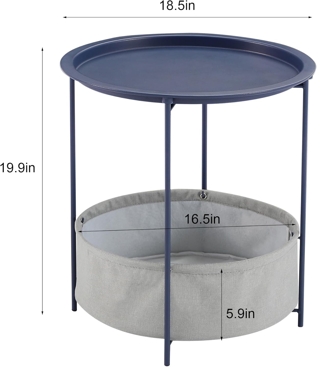 VECELO Round Side/End Table with Fabric Storage Basket，Metal Anti-Rust and Waterproof Small Bedside Nightstand with Removable Tray Top for Living Room，Balcony & Laundry，Blue /2pcs with Basket