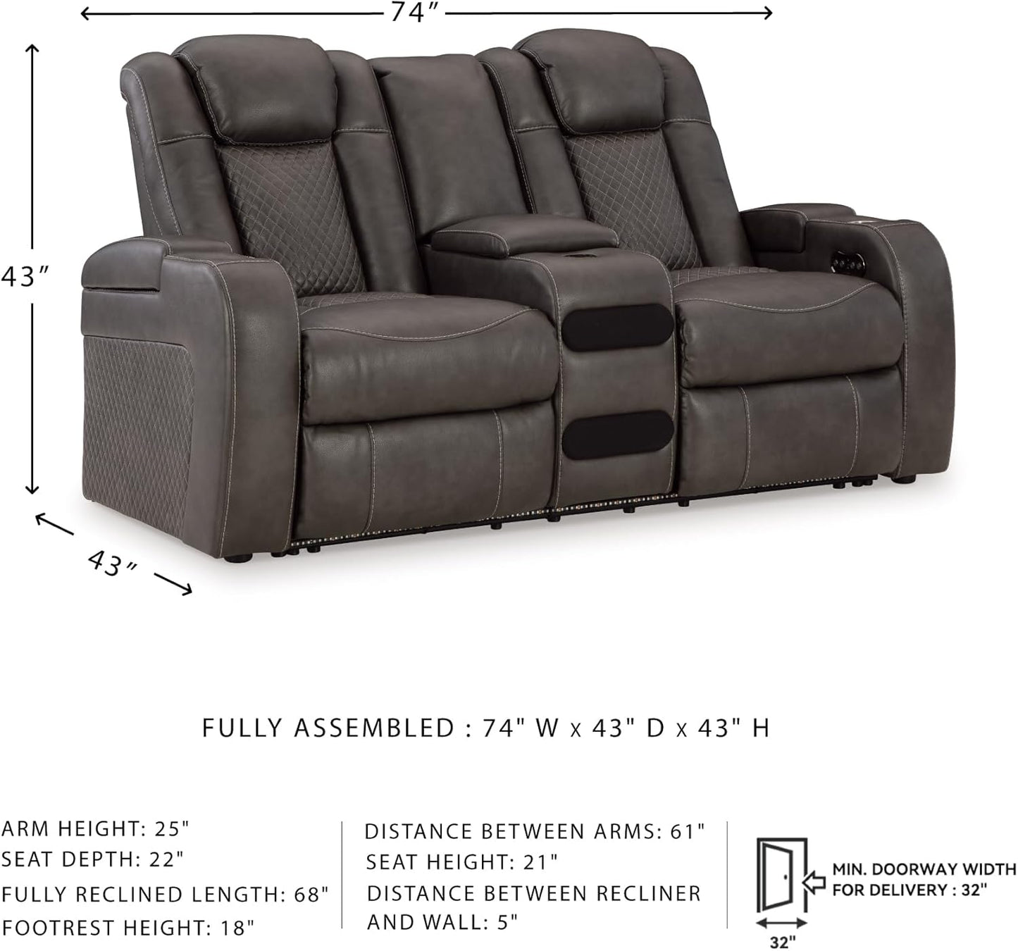 Signature Design by Ashley Fyne-Dyme Contemporary Power Reclining Loveseat with Console, USB Charging Ports and Adjustable Headrest, Gray