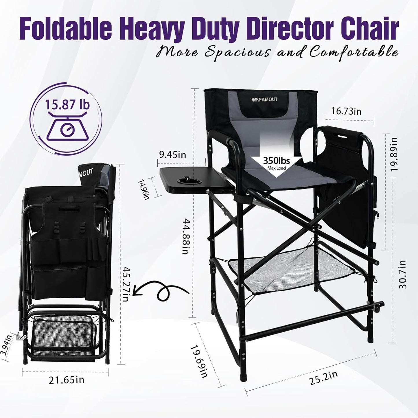 Tall Folding Directors Chair with Side Table 30.71" Seat Height Foldable Camping Chair Bar Stool for Makeup Artist Face Painting with Footrest and Storage Pocket Supports 350LBS