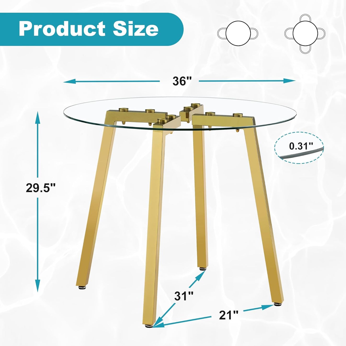 Round Dining Table for 4 Modern 36" Round Glass Dining Table Kitchen Table with Glass Tabletop and Metal Legs for Dining Room and Kitchen, Gold