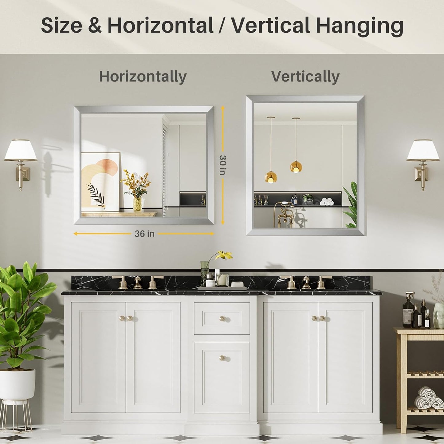 36x30 Inch Silver Bathroom Mirror for Wall, Thick Metal Framed Rectangle Mirrors for Over Sink, Bedroom, Living Room, Entryway, Anti-Rust, HD Tempered Glass