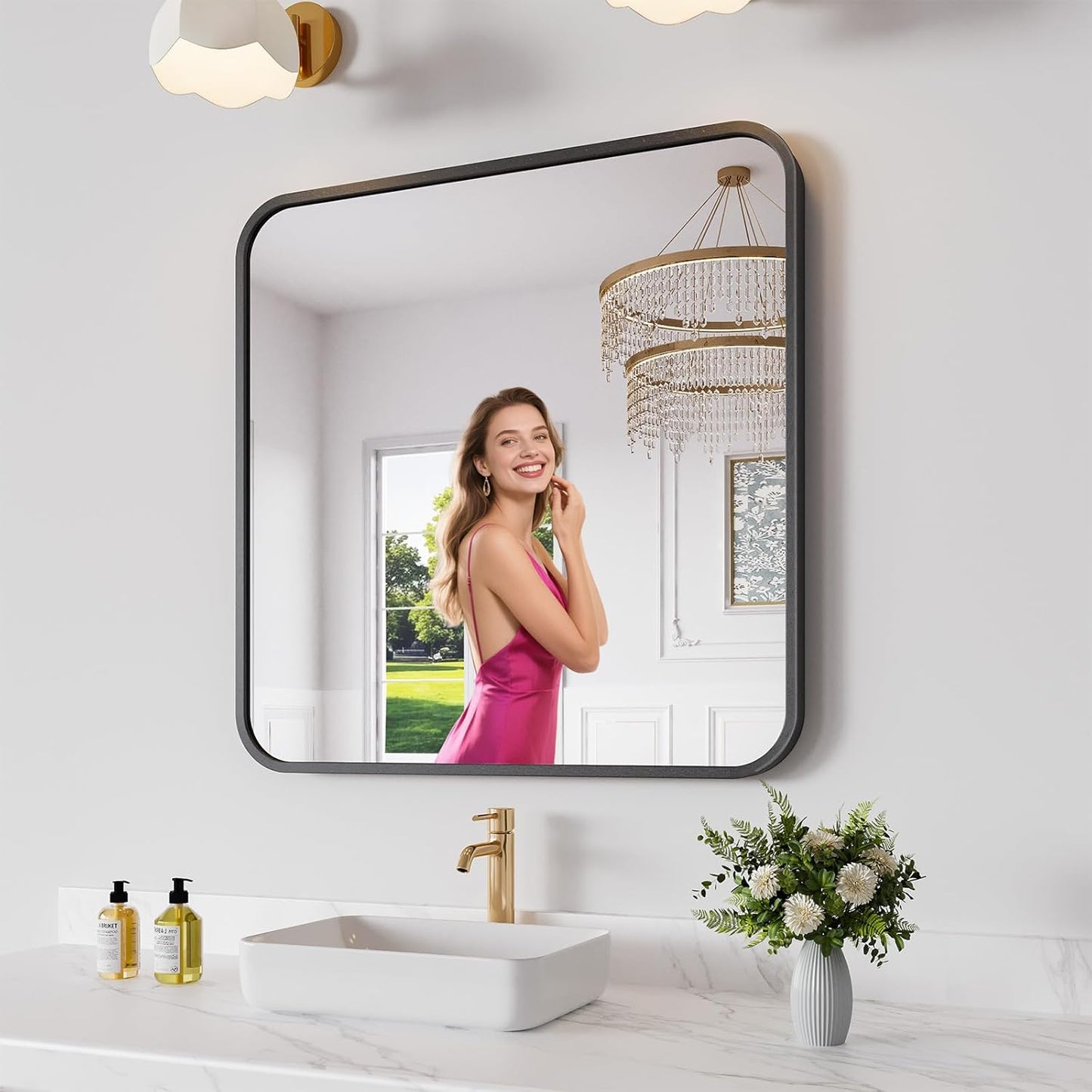 Koonmi Bathroom Mirror, 30X30 Inch Black Metal Framed Mirror for Bathroom, Tempered Glass, Anti-Rust, Rounded Rectangle Mirror for Restroom, Bedroom, Black