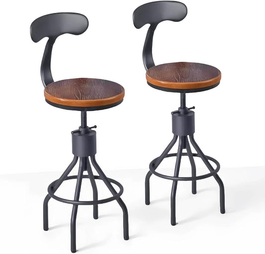 Set of 2 Industrial Bar Stools with Backrest 23-33inch Swivel Wooden Seat Kitchen Island Dining Chair Counter Stool Height Adjustable