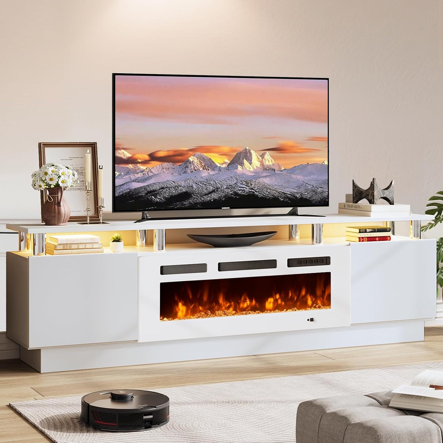 70" TV Stand for Living Room, Entertainment Center & Media Console with Storage, Fits TVs up to 80", Modern TV Cabinet with Shelves, 36" Electric Fireplace (All White)