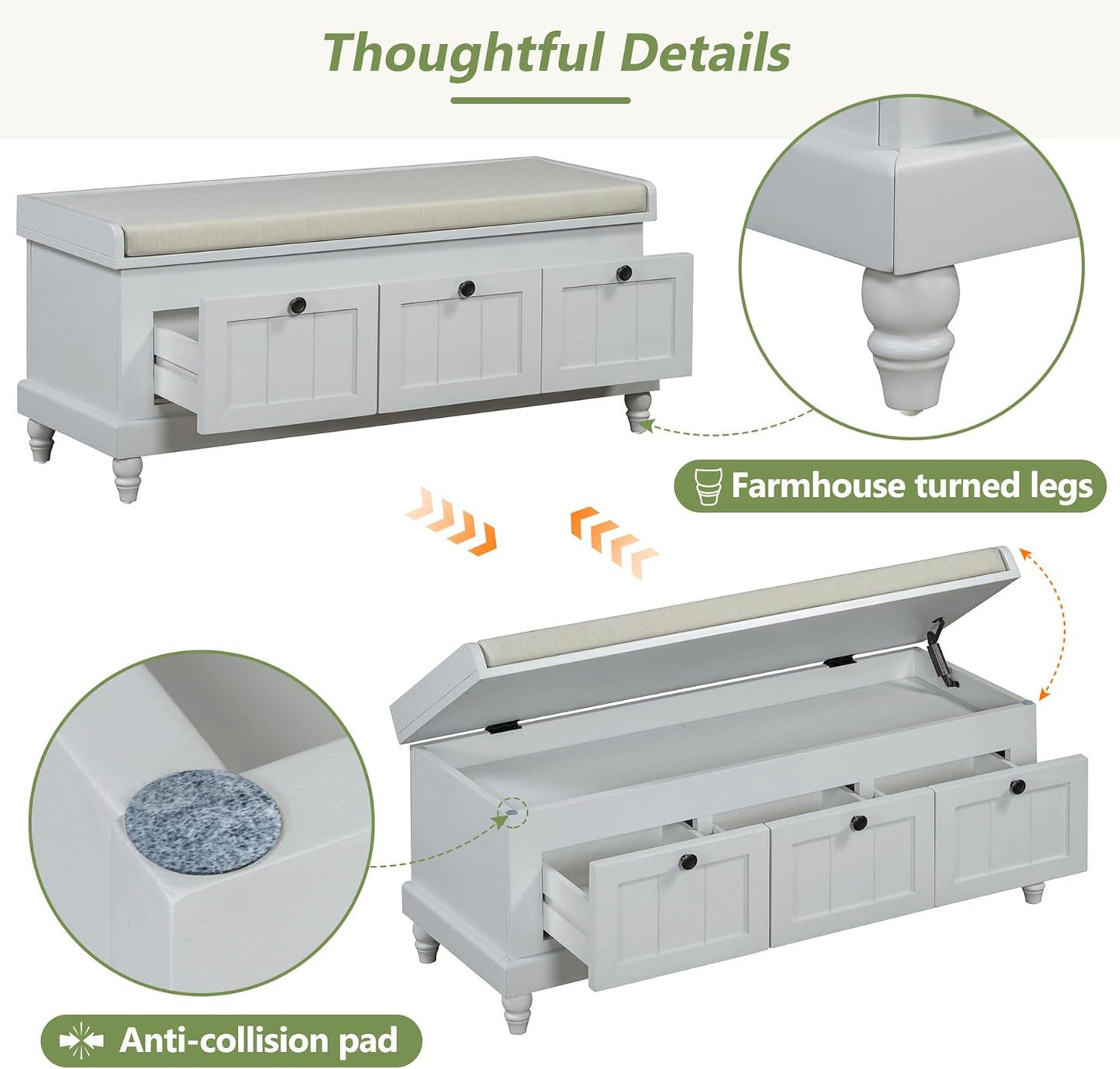 Merax Classic Storage Bench with Cushioned Seat and Three Drawers for Entryway & Living Room & Bedroom, Light Gray
