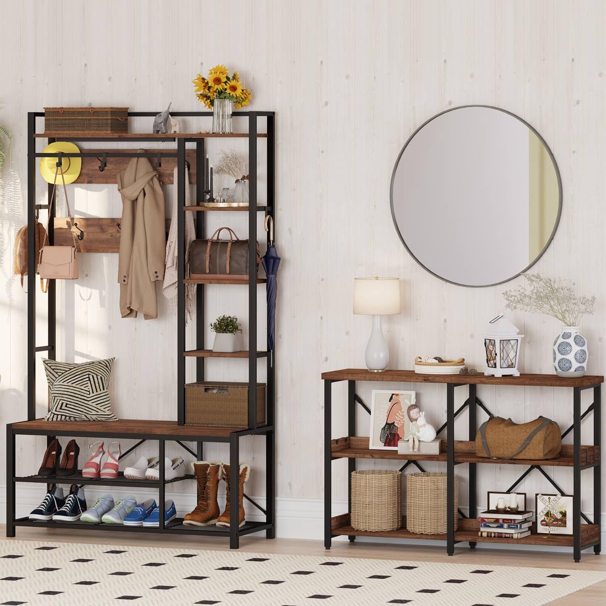 BON AUGURE Rustic Console Table with Shelves, 3 Tier Sofa Table Behind Couch for Living Room, Wood Metal Entryway Tables for Hallway, Foyer, Entrance (47 Inch, Rustic Oak)