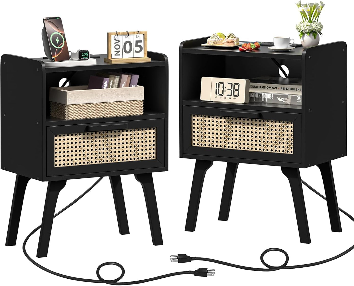 Lerliuo Rattan Nightstands Set of 2 with Charging Station, Black Bedside Table with Drawer Open Shelf, Cane Accent Side End Table with Solid Wood Legs, Night Stand for Bedroom, Dorm and Small Spaces