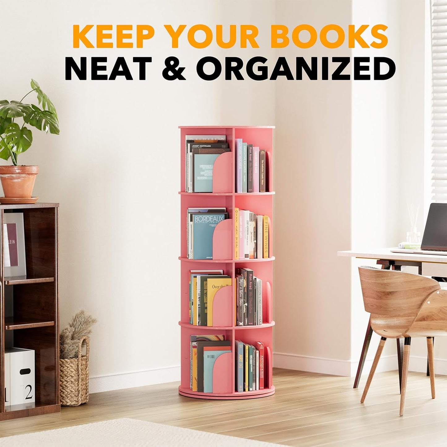 SpaceAid 4 Tier Rotating Bookshelf Tower, Spinning Bookcase Lazy Susan, Revolving 360 Book Shelf Storage Round Carousel, Vertical Rotate Turning Spiral Corner Organizer, Pink