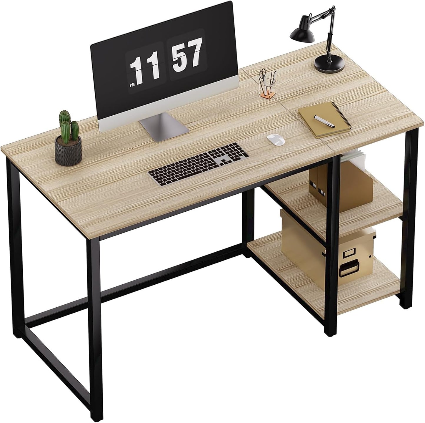 SINPAID Computer Desk 47 inches with 2-Tier Shelves Sturdy Home Office Desks with Large Storage Space Modern Gaming Desk Study Writing Laptop Table, Oak