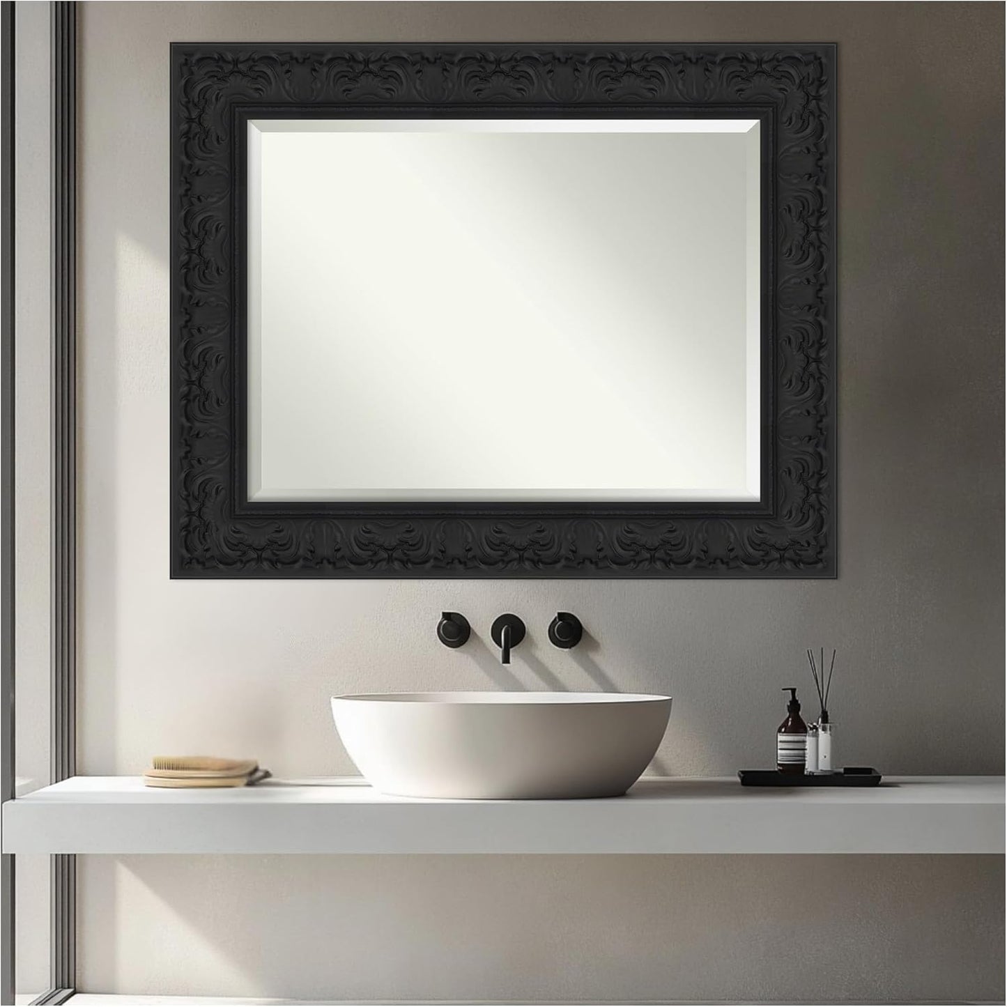 Amanti Art Black Bathroom Mirror for Over Sink, 31x25 Luxe Black Rectangle Vanity Mirror, Medium Traditional Frame, Hangs Horizonally and Vertically, Bathroom Wall Decor, Beveled Edge