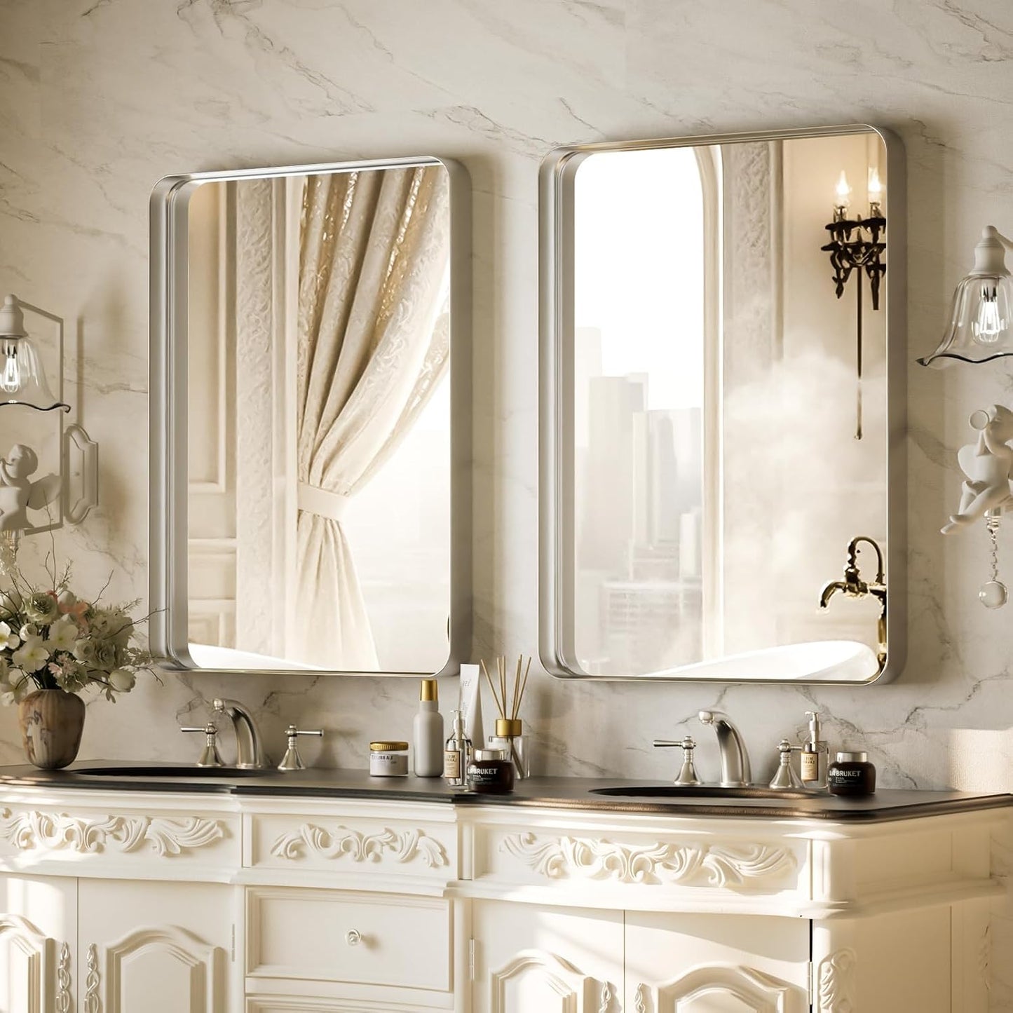 Bathroom Mirror 24x32 inch, Silver Gorgeous Deep Frame Wall Mirror, Modern Round Corner Bathroom Vanity Mirror for Bedroom, Living Room, Hanging or Leaning Horizontal or Vertical, Silver