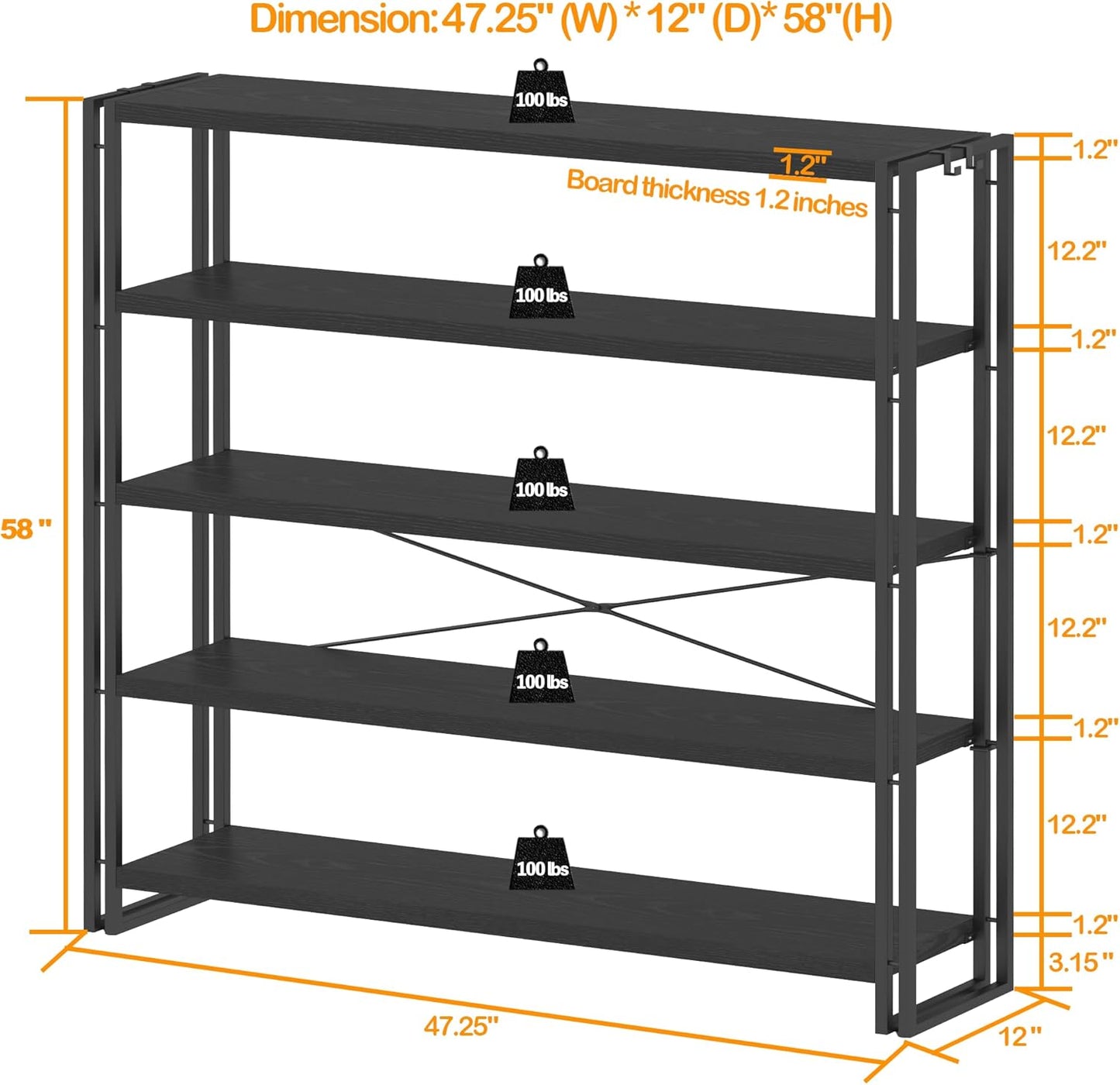 HCHQHS Bookshelf, 5-Tier Industrial Bookcase, Black Open Book Shelf, Freestanding Tall Bookshelves with Metal Frame