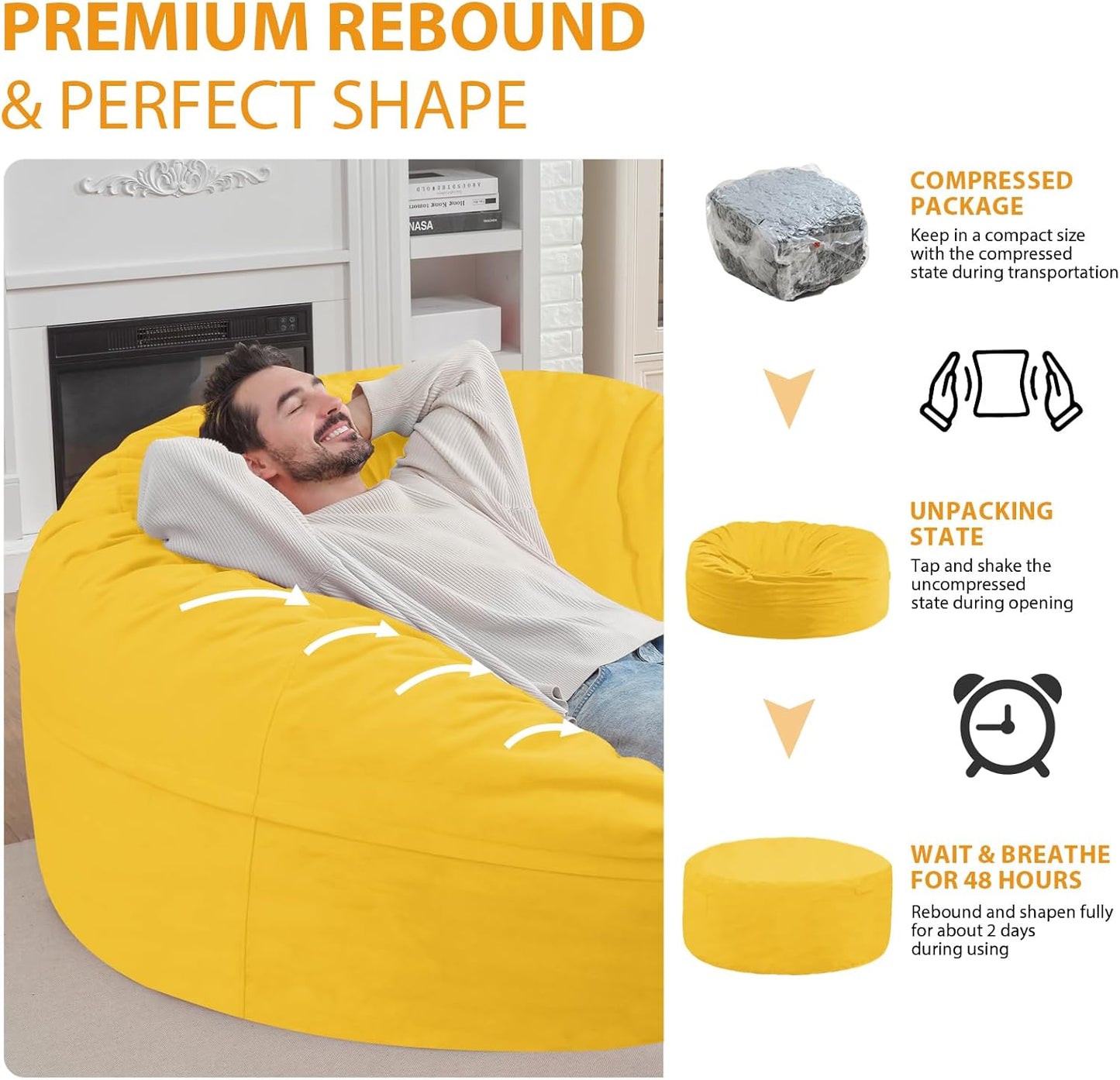 6FT Bean Bag Chair, Large Bean Bag Chairs with Memory Foam Filled, Fluffy Beanbag Sofa with Dutch Velvet Cover, Round BeanBag Chairs for Living Room, Playroom - Lemon