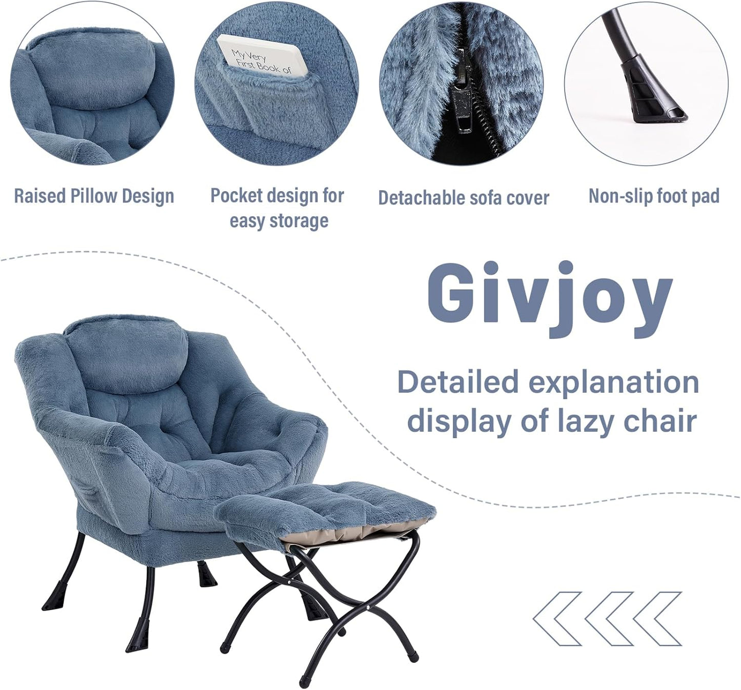 Cozy Lazy Chair and Ottoman, Large Contemporary Accent Lounge Chair Set, Leisure Upholstered Reading Armchair for Bedroom, Living Room, Dorm Rooms, Office