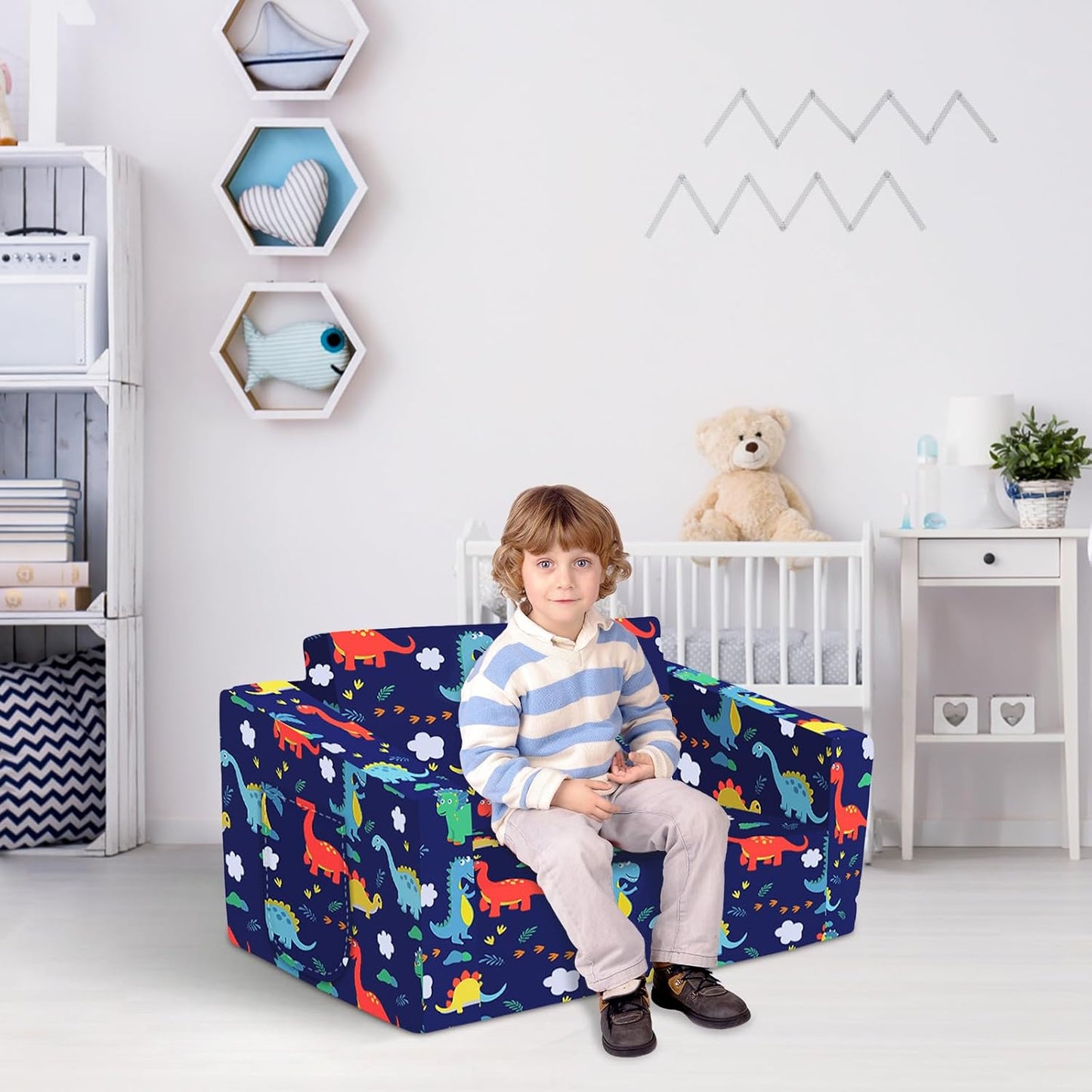 Kids Couch Convertible Sofa to Lounger for Toddler Boy, Foldable 2-in-1 Kids Sofa Bed, Toddler Chairs Comfy for Bedroom Playroom, Blue Dinosaur