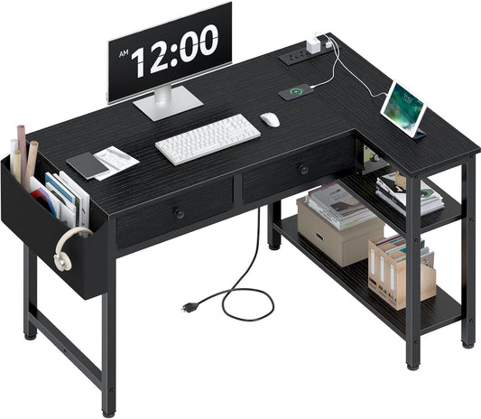 DLisiting Black Corner Desk for Small Space with Drawers, Reversible Gaming L Shaped Computer Desk with Storage Shelves for Kids Boys, Corner Work Study PC Desks for Bedroom